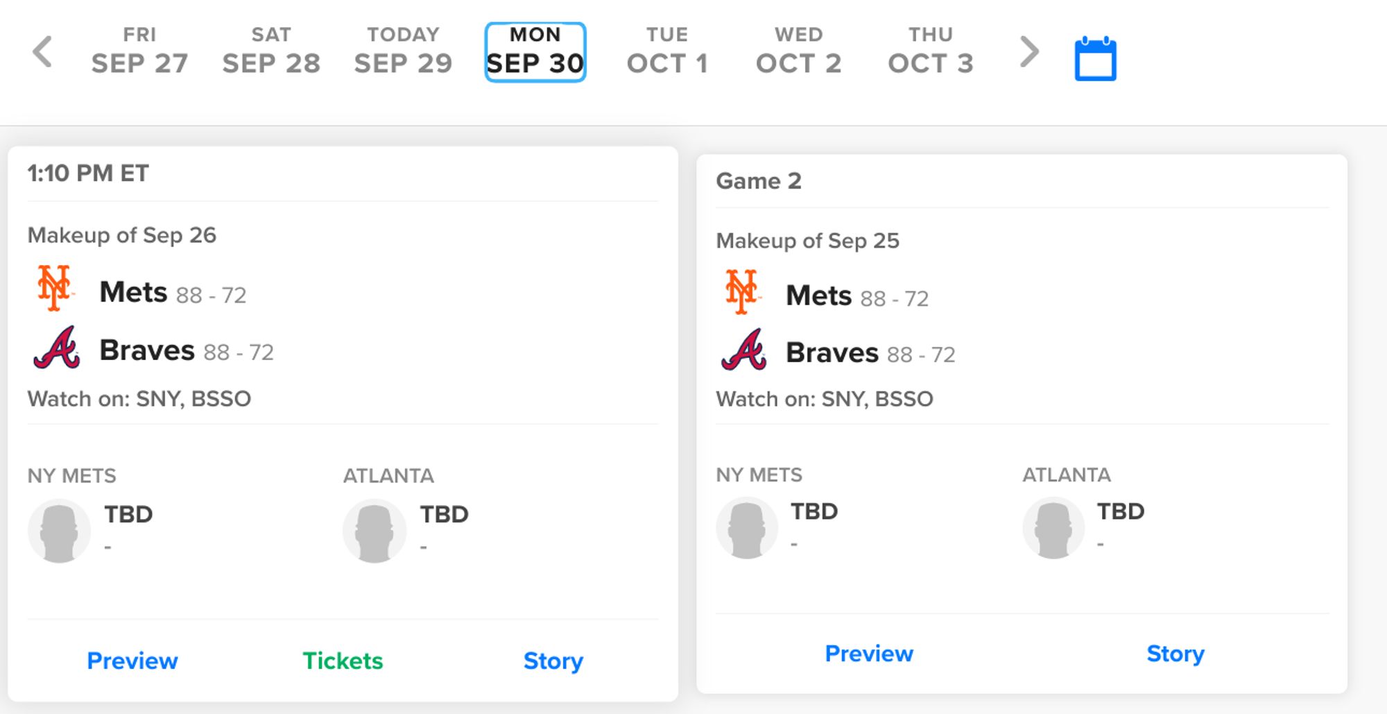 mets/braves doubleheader monday