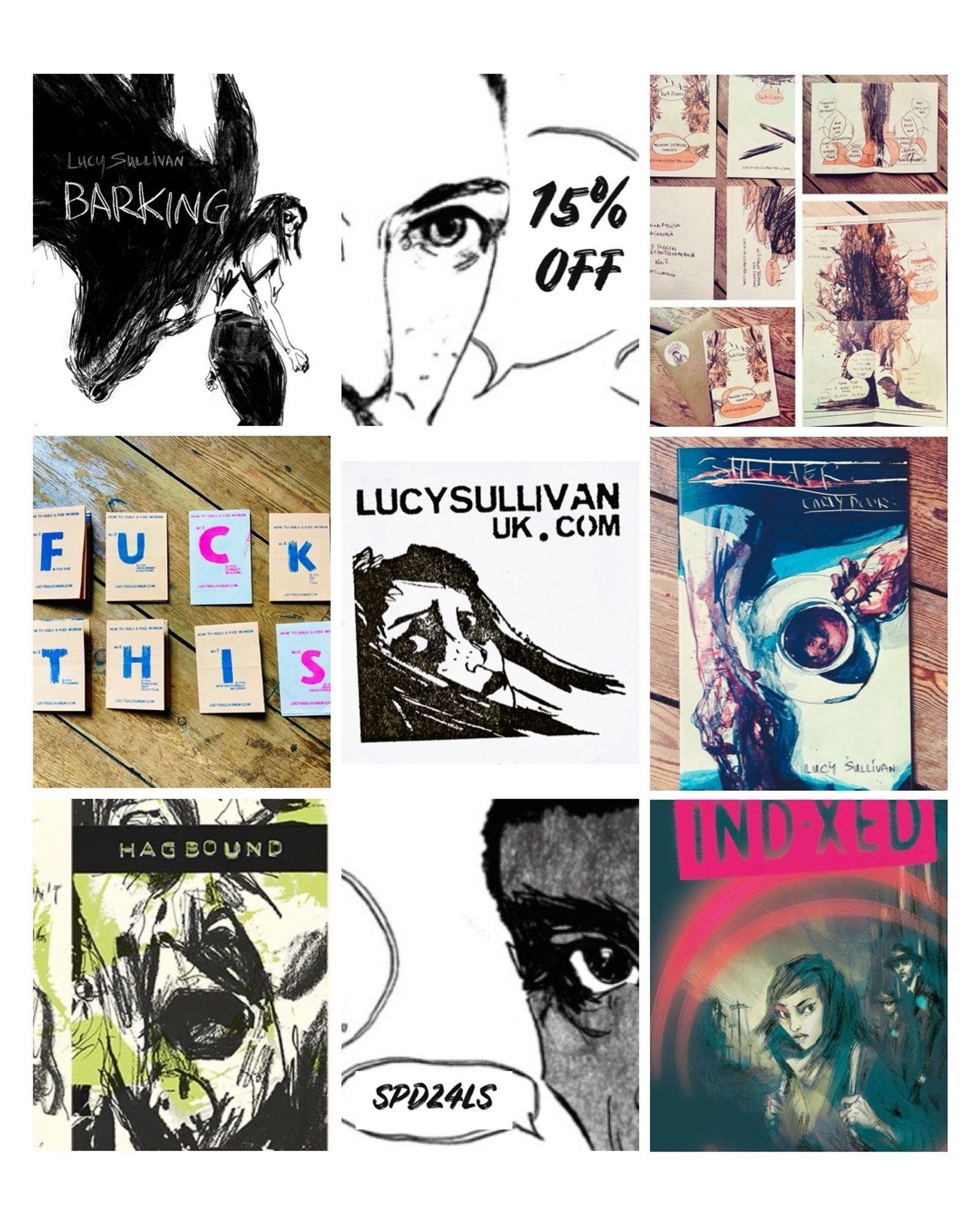 Covers & photos of comics by Lucy Sullivan including BARKING, SHELTER & HAGBOUND