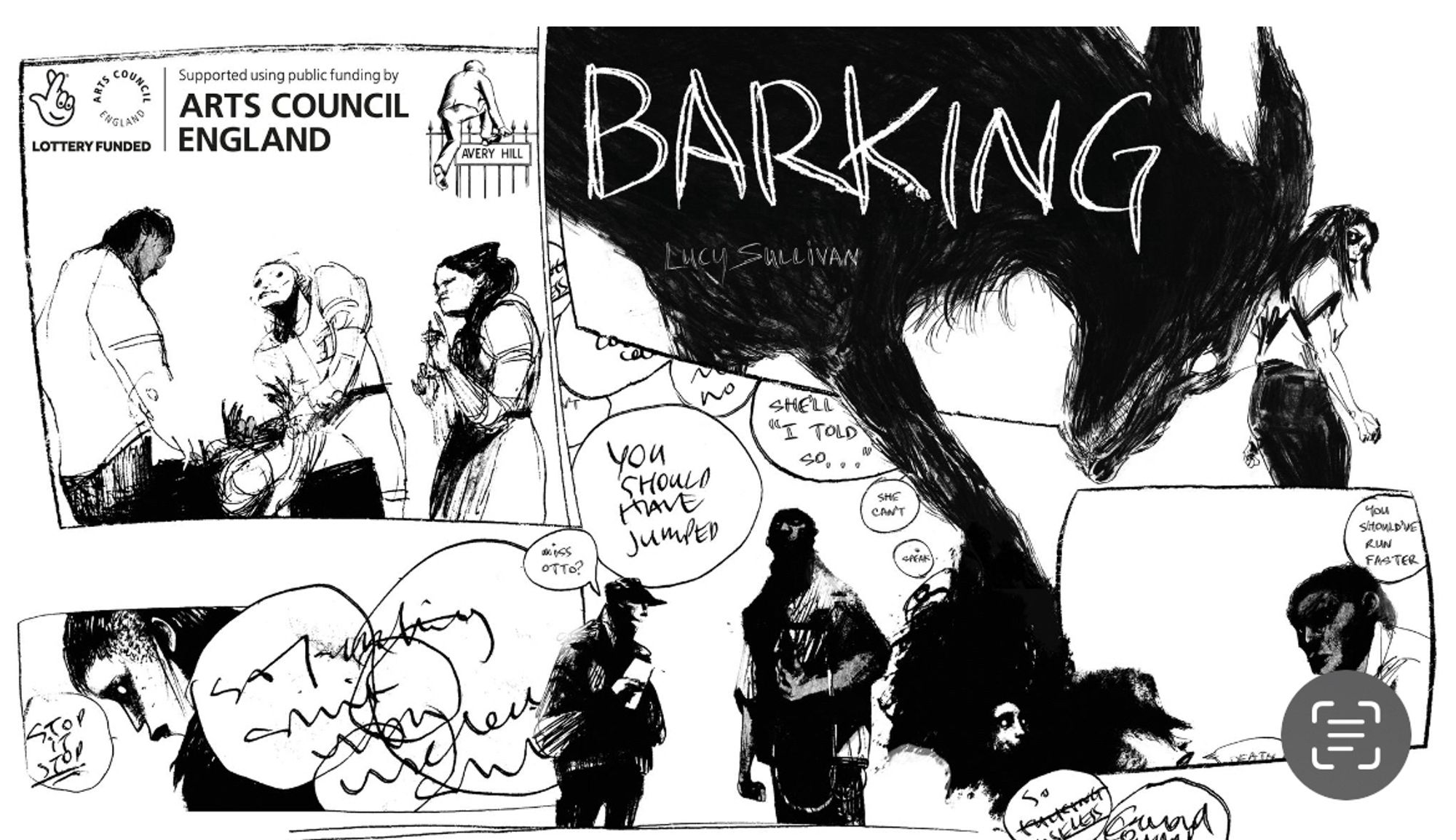 Panels & Cover Art for BARKING (Avery Hill Publishing). A take of grief, mental illness & the ghosts that haunt us.
Created with Carbon & Biro in B&W.