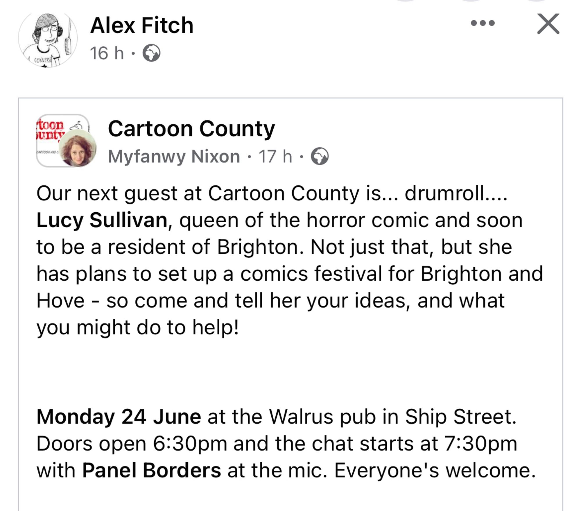 Screenshot from Cartoon County’s Facebook Group post. Details for this month’s meet up are Monday 24th June at The Walrus, Ship Street, Brighton.
Doors open 6:30pm - Talk from 7:30pm
Online booking via: 
facebook.com/groups/cartooncounty