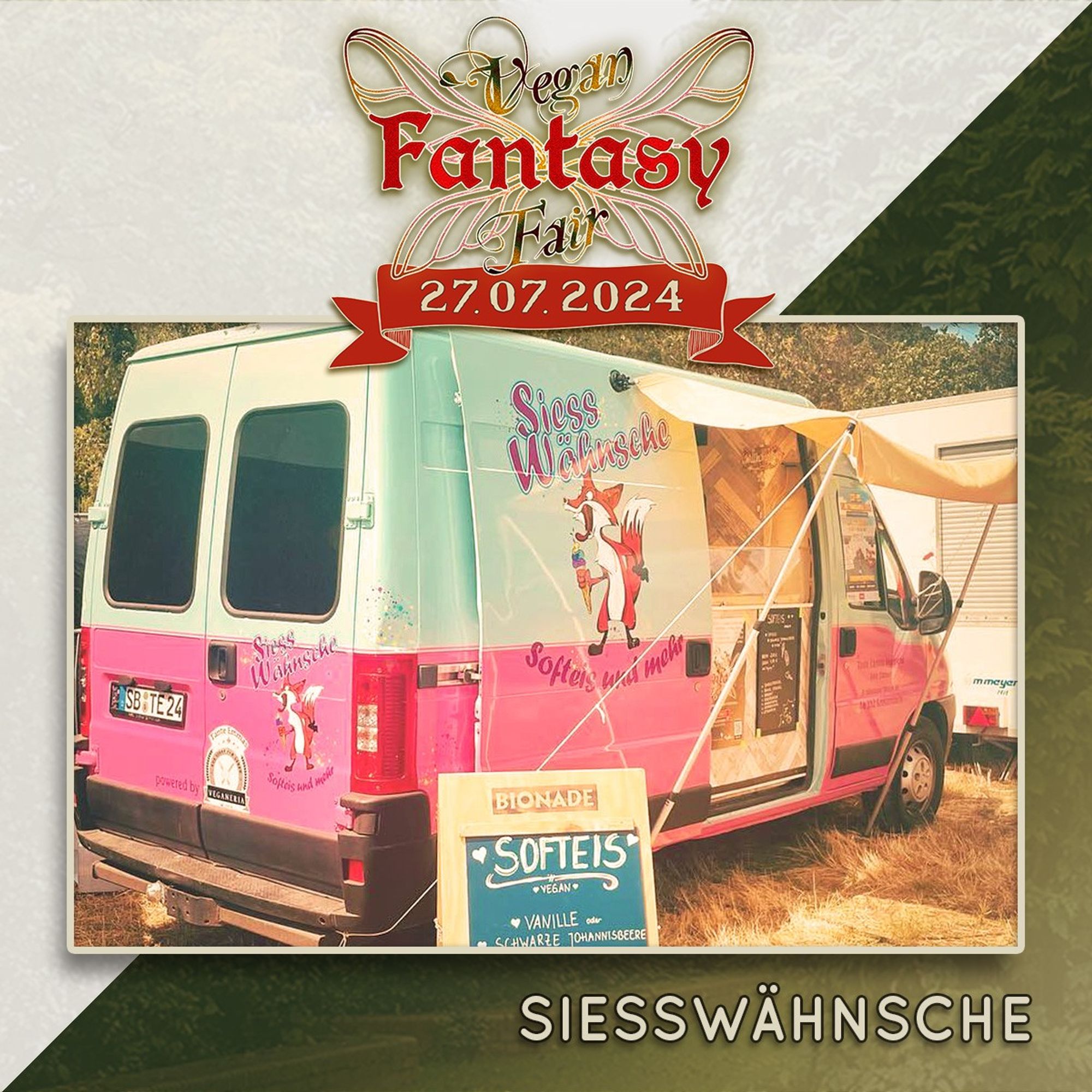 Ankündigung für das Schnabulierwerk auf der Vegan Fantasy Fair am 27. Juli. Zu sehen ist der türkisblau-pinke Verkaufswagen für das Softeis-Angebot.