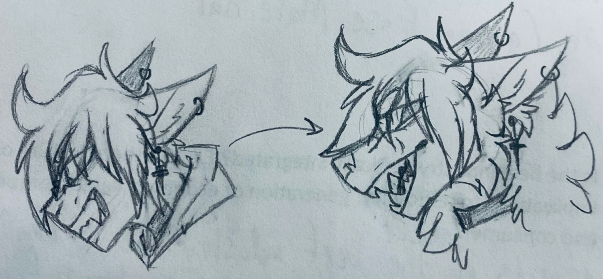 Two traditional headshot doodles of the same character. The one on the left is a humanoid and the one on the right depicts the same character in a werewolf form. He looks angry and is snarling in both drawings.