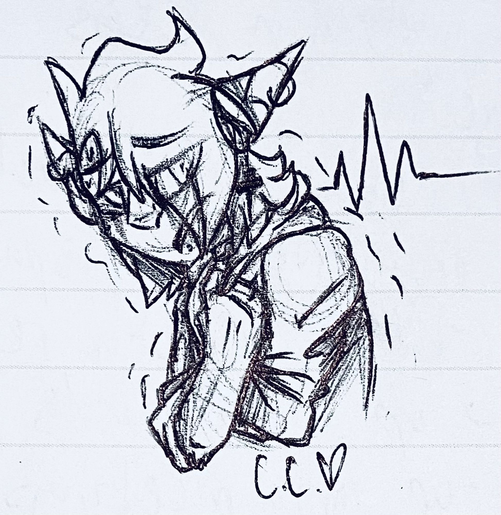 A half-body drawing of a humanoid character. He is hunched over in pain, shuddering and gripping the front of his jacket. He is transforming into his dragon form, which is why he had pointed ears and horns.