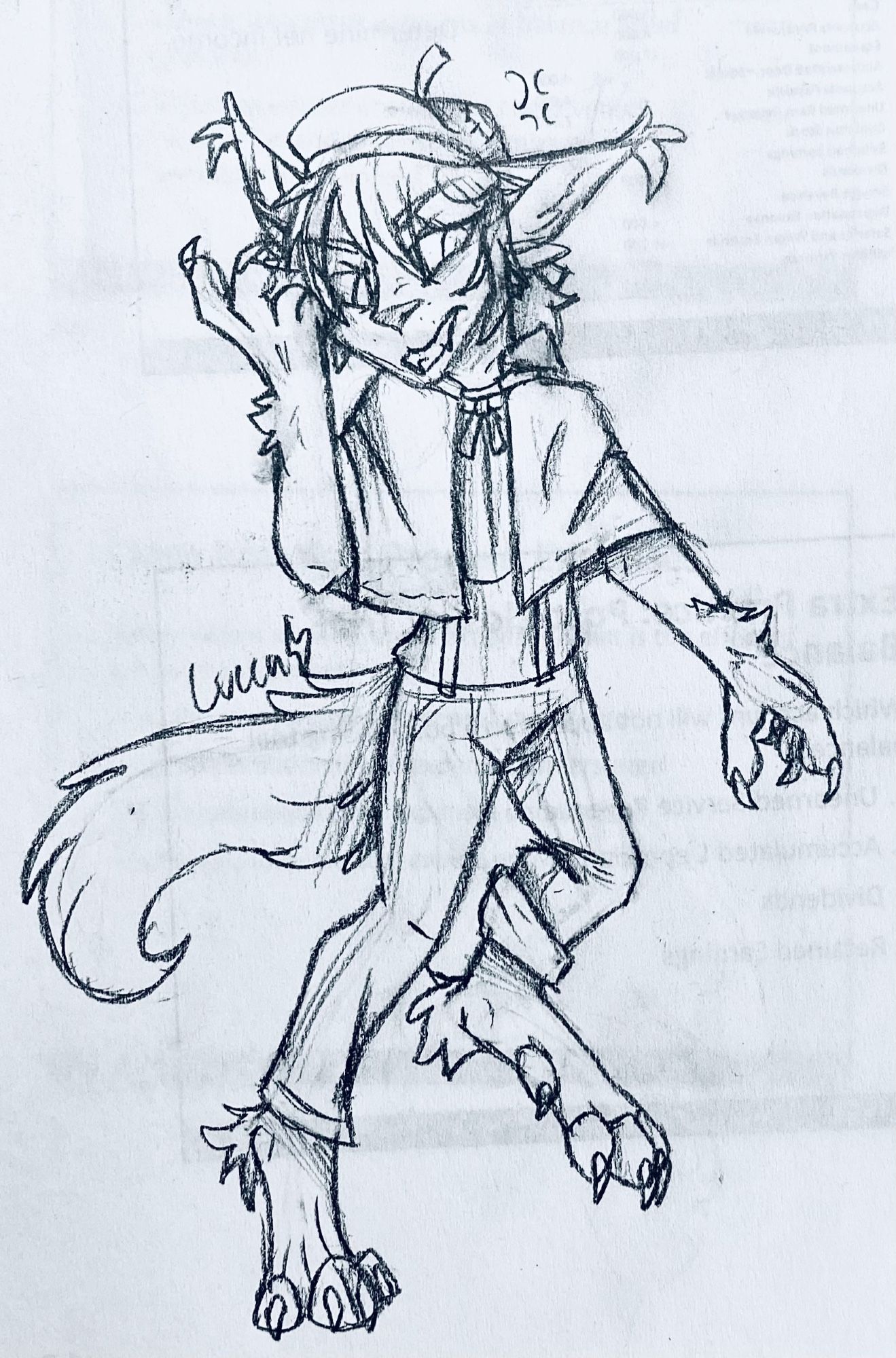 A sketch drawing of Edgar from the game Identity V transforming into a fox. He is glaring angrily down at his hand, which is turning into a paw.