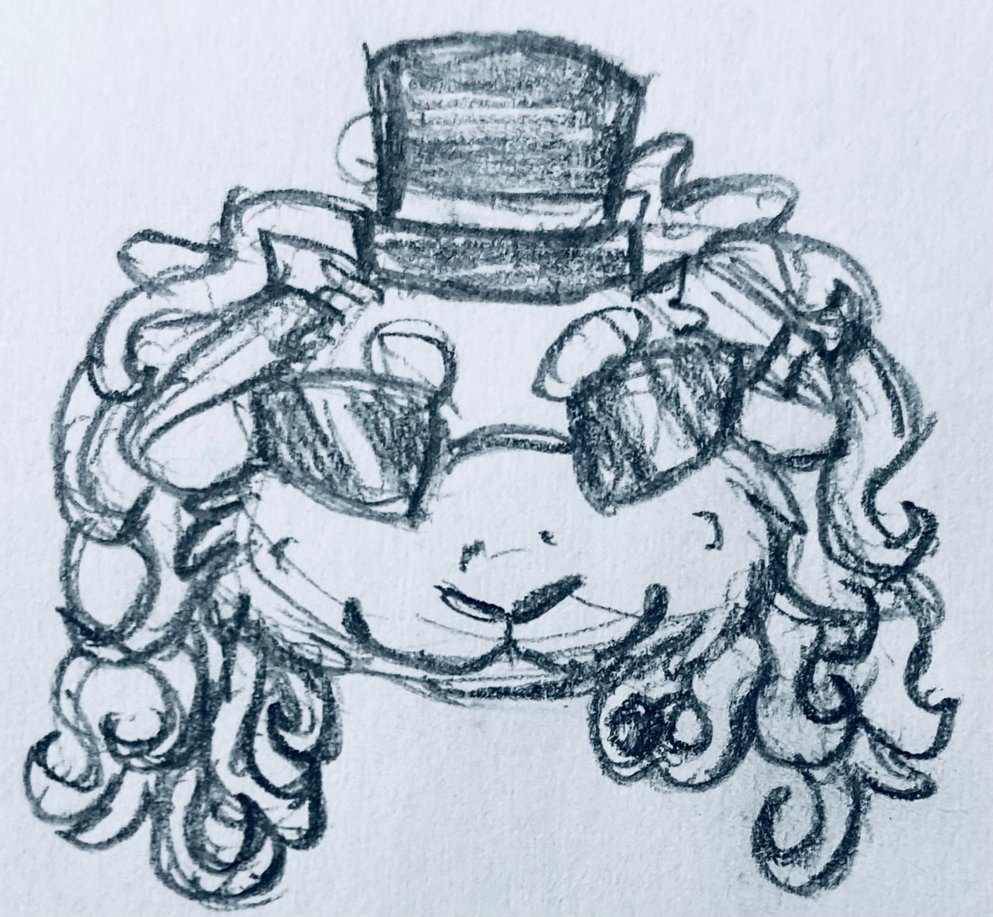 A sketch headshot of a guinea pig, specifically a Texel. He is wearing a top hat and sunglasses, which is intended to reference Slash, the guitarist for Guns n’ Roses.