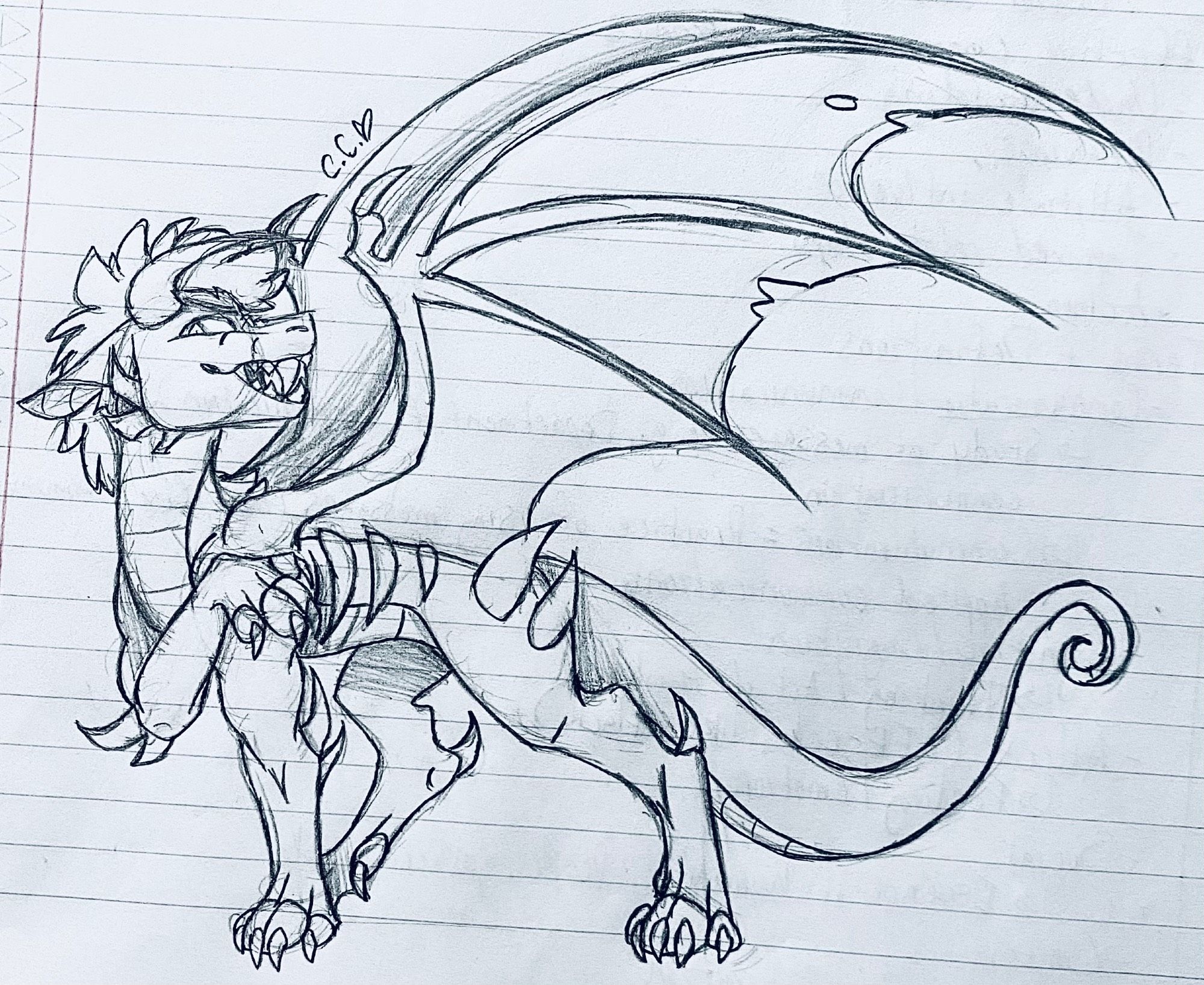 A drawing of a dragon on lined paper. He is standing tall, one front foot held up to his chest in a sassy pose.