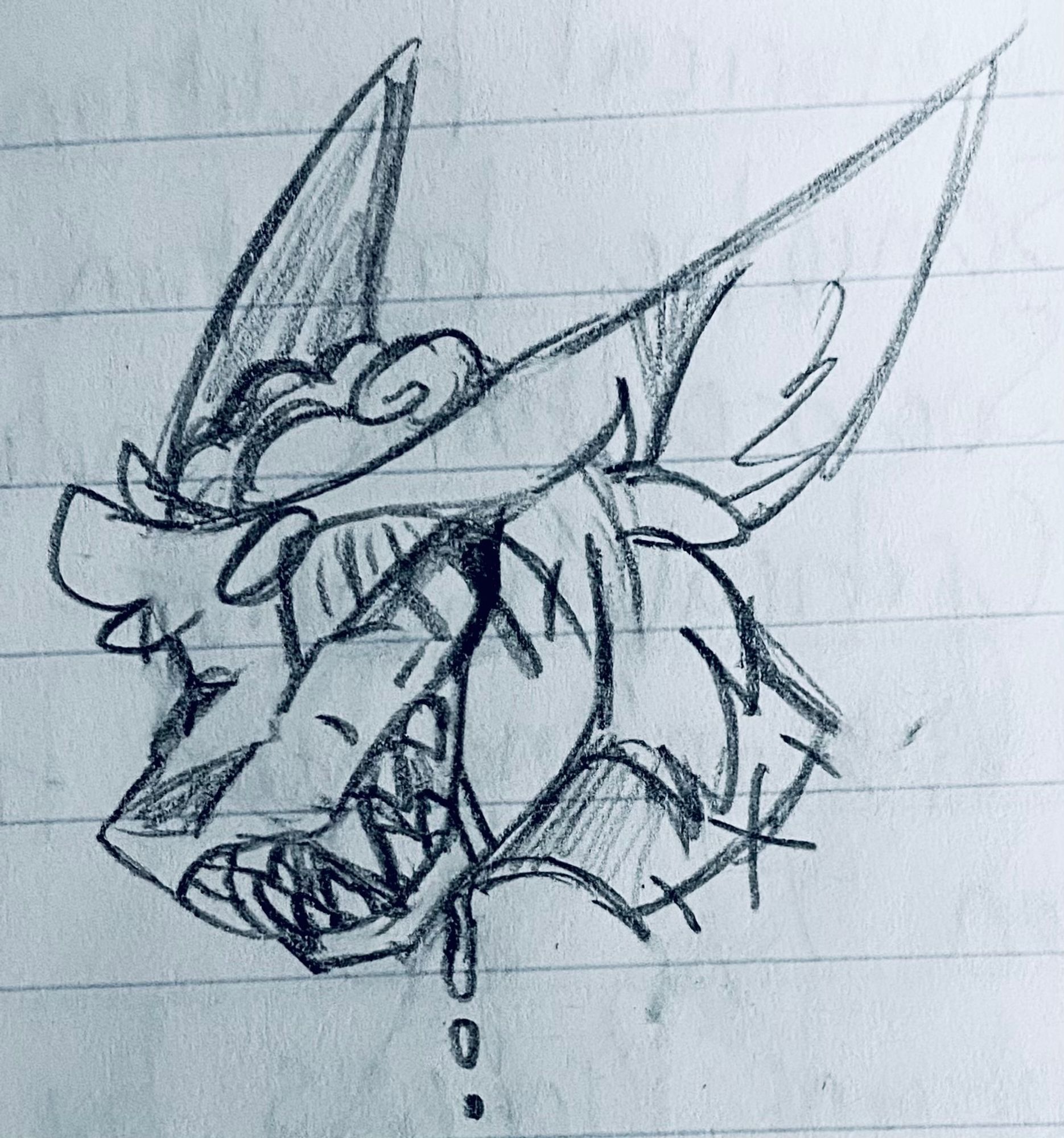 A headshot doodle of my Atraxi (closed species), Freak. His mouth is open, showing sharp fangs. His eyes are crazed and his ears are lowered. His brain is exposed and there are stitch lines going through his eye and around his neck.