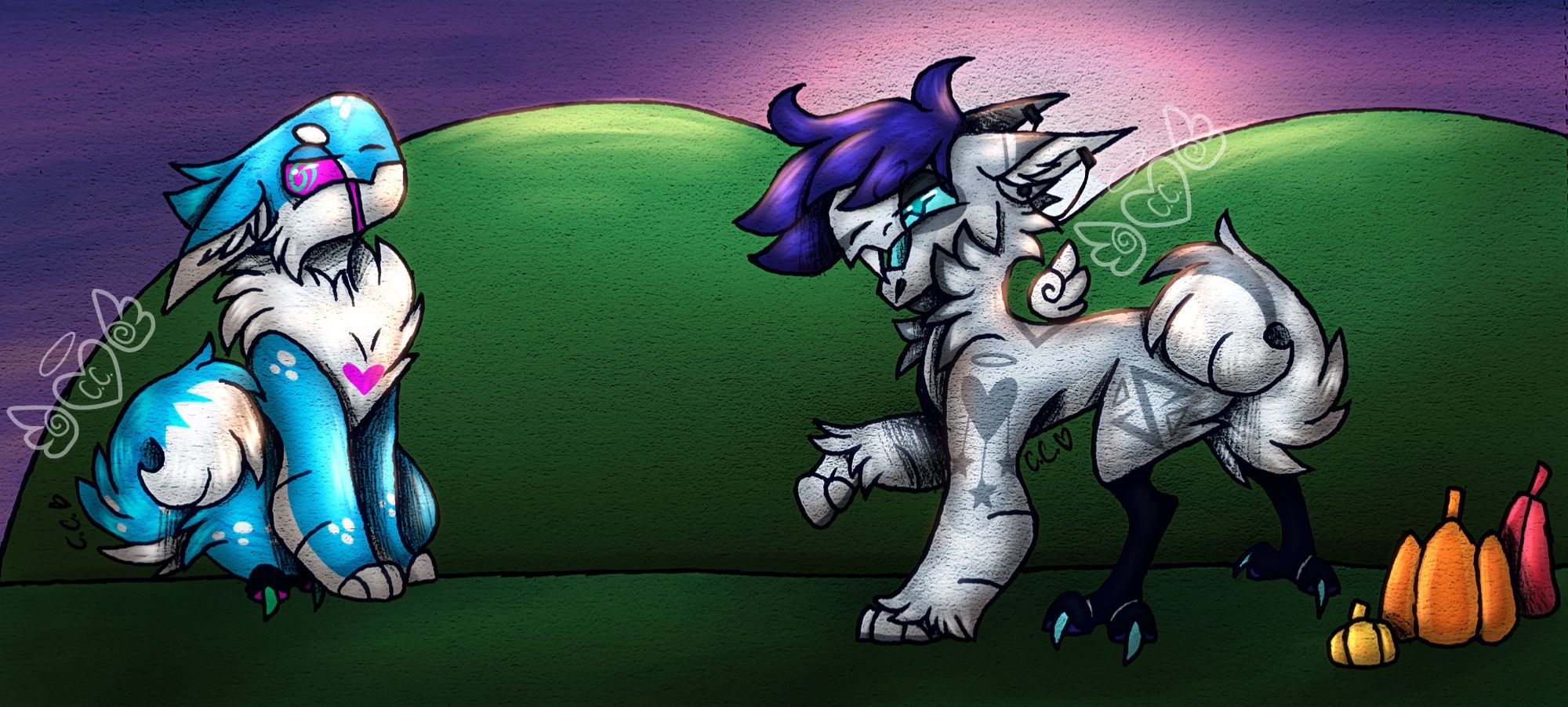 A digital drawing of two jolleraptors standing in a field with a sunset in the background. Cyko (on the left, owned by Soupiing on DA) is sitting and looking away from the other jolle guiltily while Casey (on the right, owned by me) bares his fangs at him angrily, standing in front of three gummy gourds defensively.