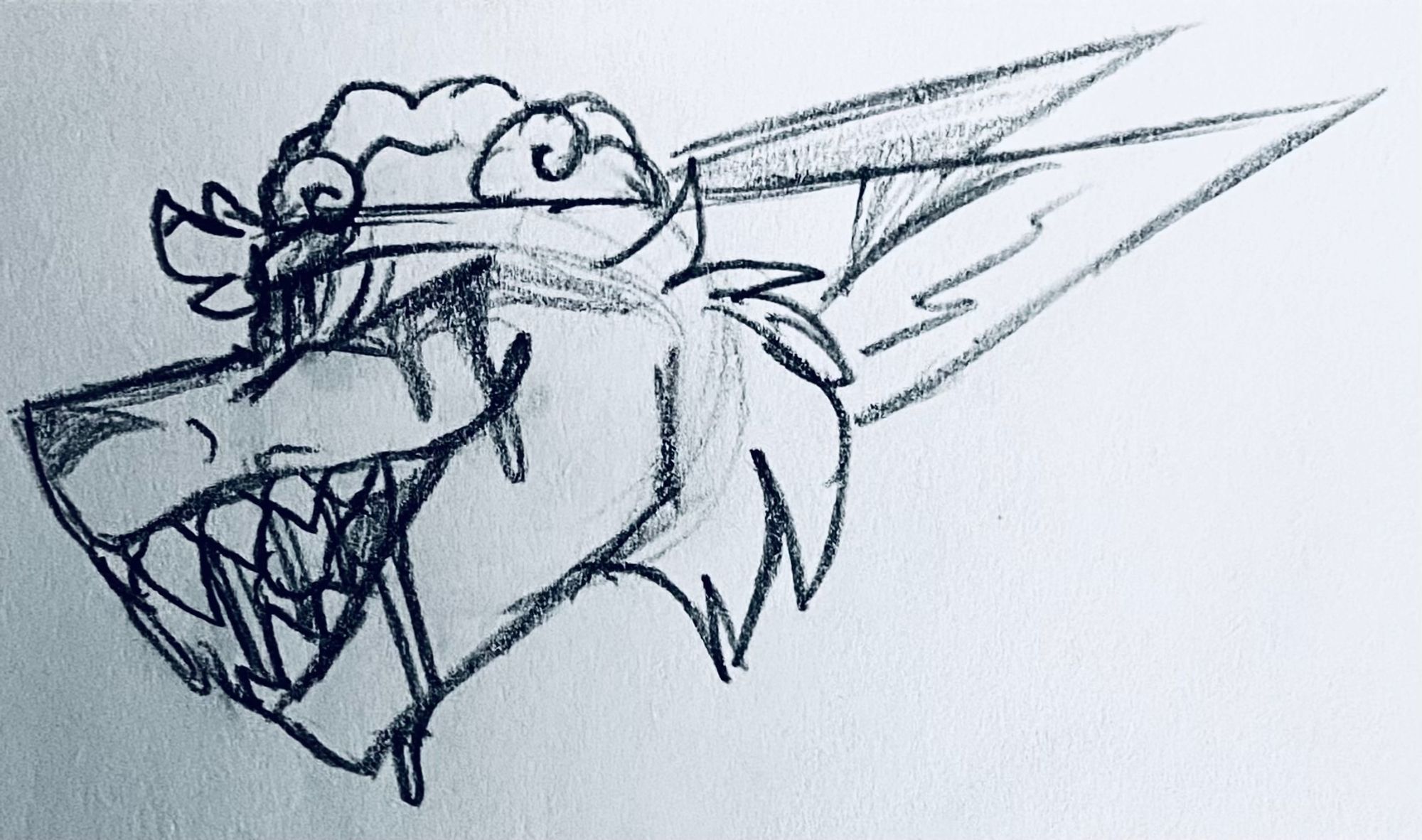 A sketch headshot drawing of an Atraxi (closed species). His mouth is open to reveal sharp fangs, his eyes narrowed aggressively. His brain is exposed and his ears are lowered.