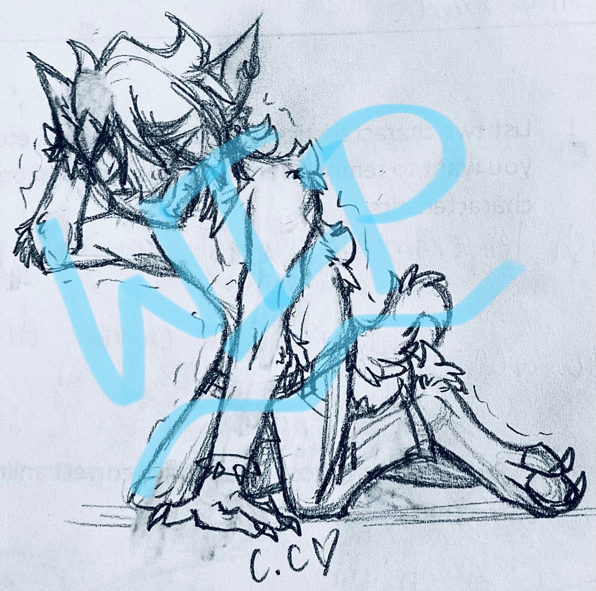 A traditional sketch of a character turning into a werewolf. Semi-transparent writing over the image reads “WIP”