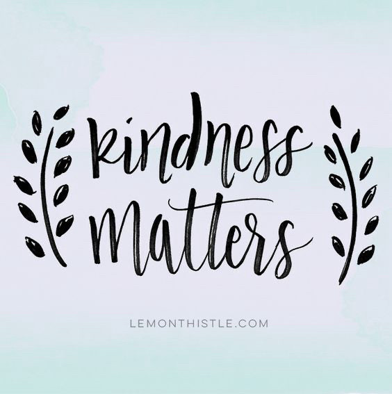 The words “Kindness Matters”, are written in black. They are enclosed within two black branches of leaves, on a pale-colored background. 