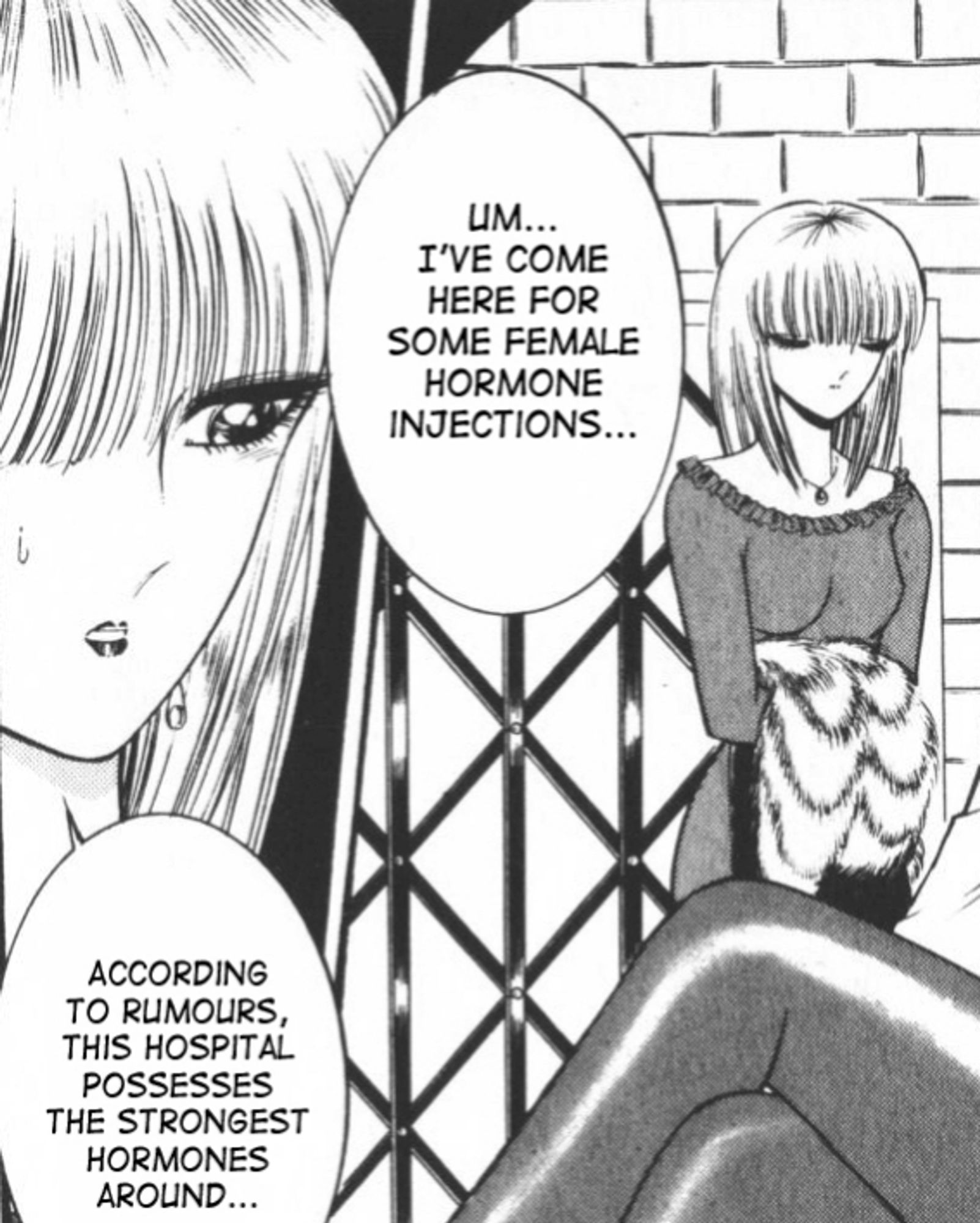 Excerpt from an old Yuri hentai manga showing a woman saying "um... I've come here for some female hormone injections... According to rumors, this hospital possesses the strongest hormones around..."