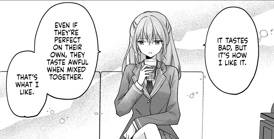 Panel from the Yuri manga "How I Lose Bets With My Sadistic Gifted Childhood Friend and She Steals All of My Firsts" showing a girl drinking a beverage and saying "It tasted bad, but it's how I like it. Even if they're perfect on their own, they taste awful when mixed together. That's what I like."