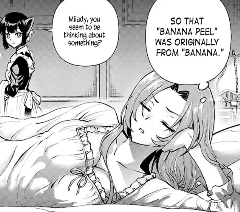 Panel from the Yuri manga Danshi Koukousei, Otome Game no Akuyaku Reijou ni Tensei Suru showing a woman reclining and thinking "So that 'banana peel' was originally from 'banana'." In the background a catgirl maid asks "milady, you seem to be thinking about something?"