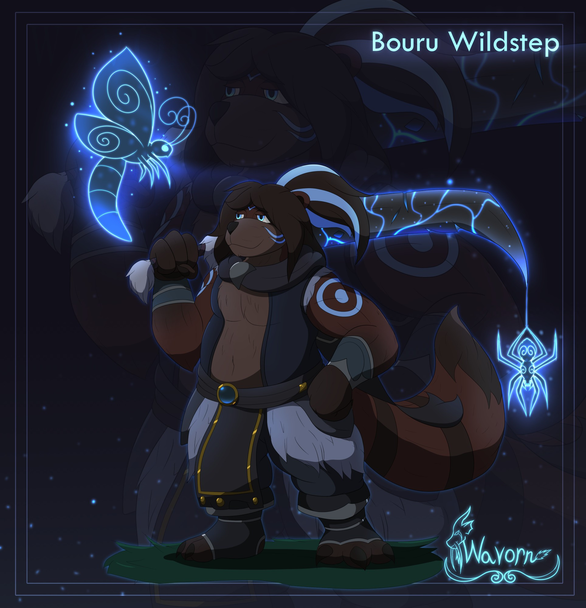 Racoon themed pandaren with a blue sword and spirit animals around him