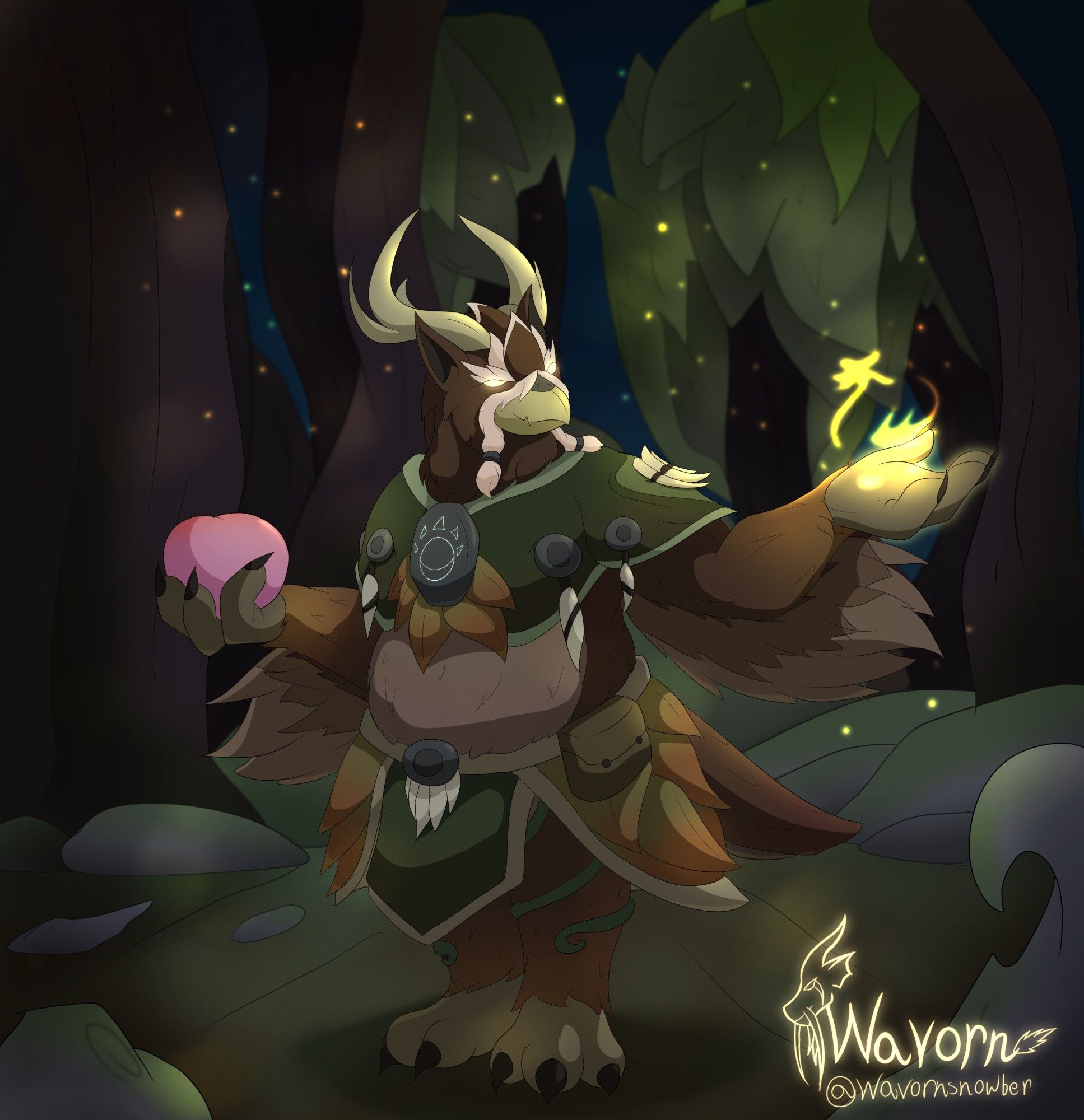 A clothed owlkin druid shaman in a dark forest holding a peach in one hand while fireflies and glowing spirits float around the other.