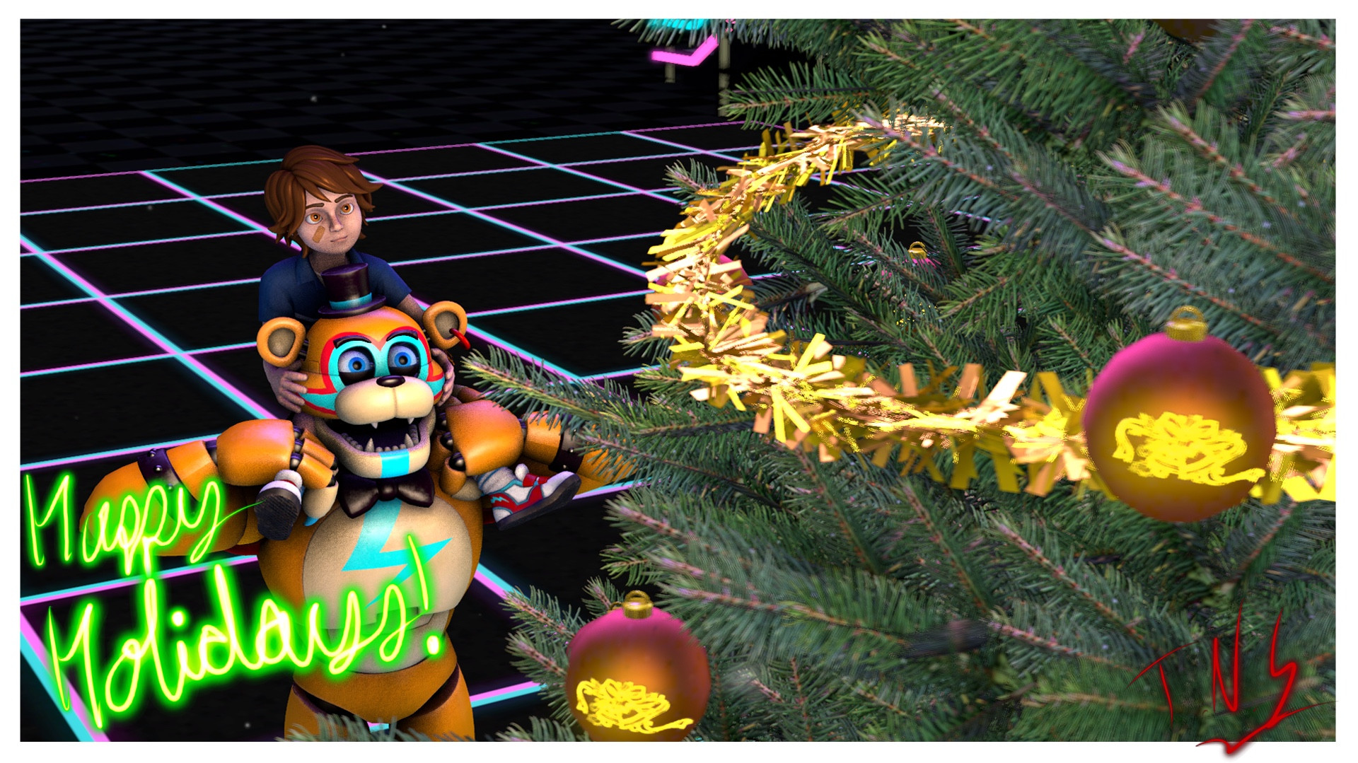 (Gregory is on Glamrock Freddy’s shoulders. They look up at a Christmas tree. They both look happy.)