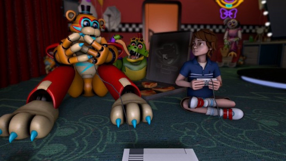 (Repost from 17/08/2022)

I love the father and son dynamic they release. So, I made this SFM! And I put some other characters behind! ^^

(Glamrock Freddy and Gregory are playing on the Nintendo Entertainment System (NES) with Monty spectating them while eating a pizza slice. Glamrock Chica looks at them from a distance.)