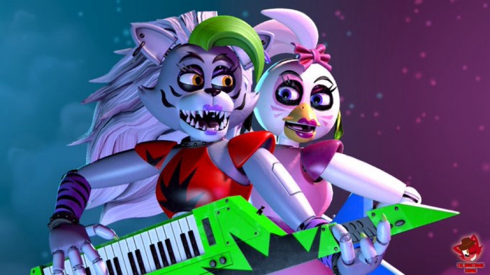 (Repost from 05/10/2022)

Just a little poster of these two animatronics because why not :3

(Roxanne Wolf and Glamrock Chica are performing on stage. They are back to back in blue and purple lightings.)