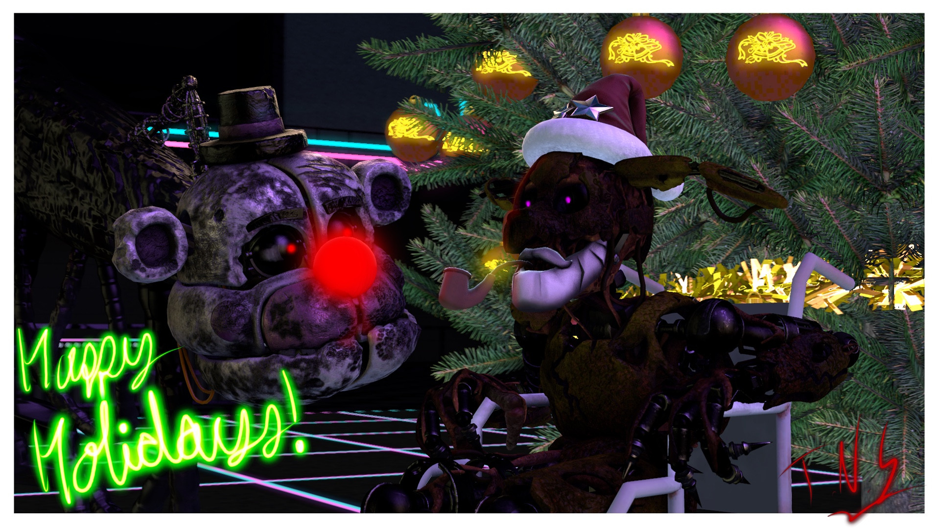 (Burntrap and the Blob are looking at eachother. The Blob has a red nose. Burntrap has a Christmas hat and a beard with a pipe in his mouth while sitting in a wheelchair.)