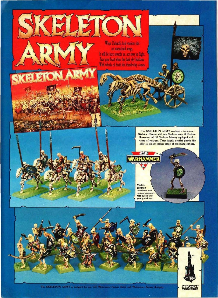 Old school photos of Warhammer's Skeleton Army. Lots of exposed bone and disproportionate looking like old, rickety stop-motion characters.