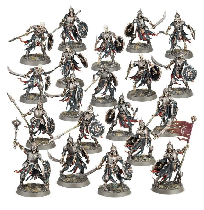 A display of Modern Warhammer Deathrattle Skeleton minis on a white background. Very modern and proportionate, they are less skeletal, and more heavily armored than the other skeletons.