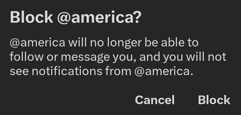 Twitter Block Confirmation pop-up.

Block @america?
@america will no longer be able to follow or message you, and you will not see notifications from @america.