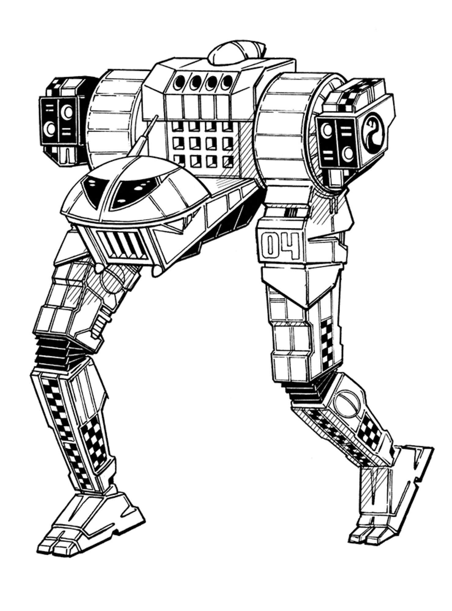 Jenner from BattleTech. looking awkward on its two human-like legs that come out of shoulder-hips that connect to the back of the mech where a "head" juts out of the middle like a knock off Darth Vader helmet.