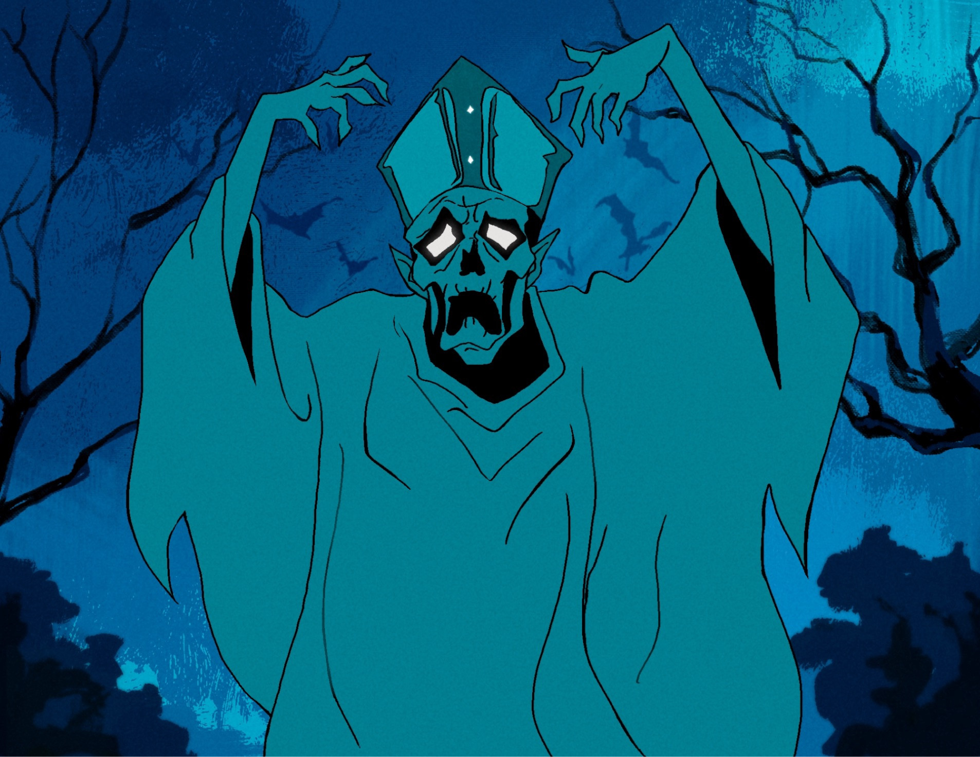 opus eponymous primo in the style of scooby-doo, he is waving his arms in the air like a ghastly ghoul with a deep blue background of the sky. there are tree branches and bats behind him