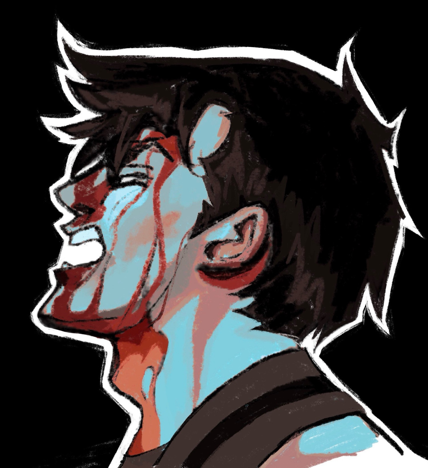 drawing of mary goore’s side profile, they’re covered in blood and yelling