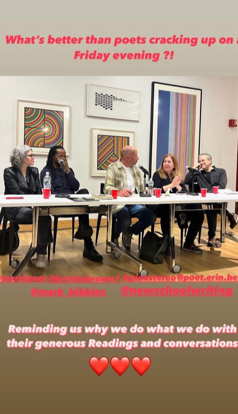 Personal Best Anthology reading at New School. Poets Cate Marvin, Jericho Brown, Carl Phillips, Mark Bibbins, and Erin Belieu sitting at a long table during craft discussion.