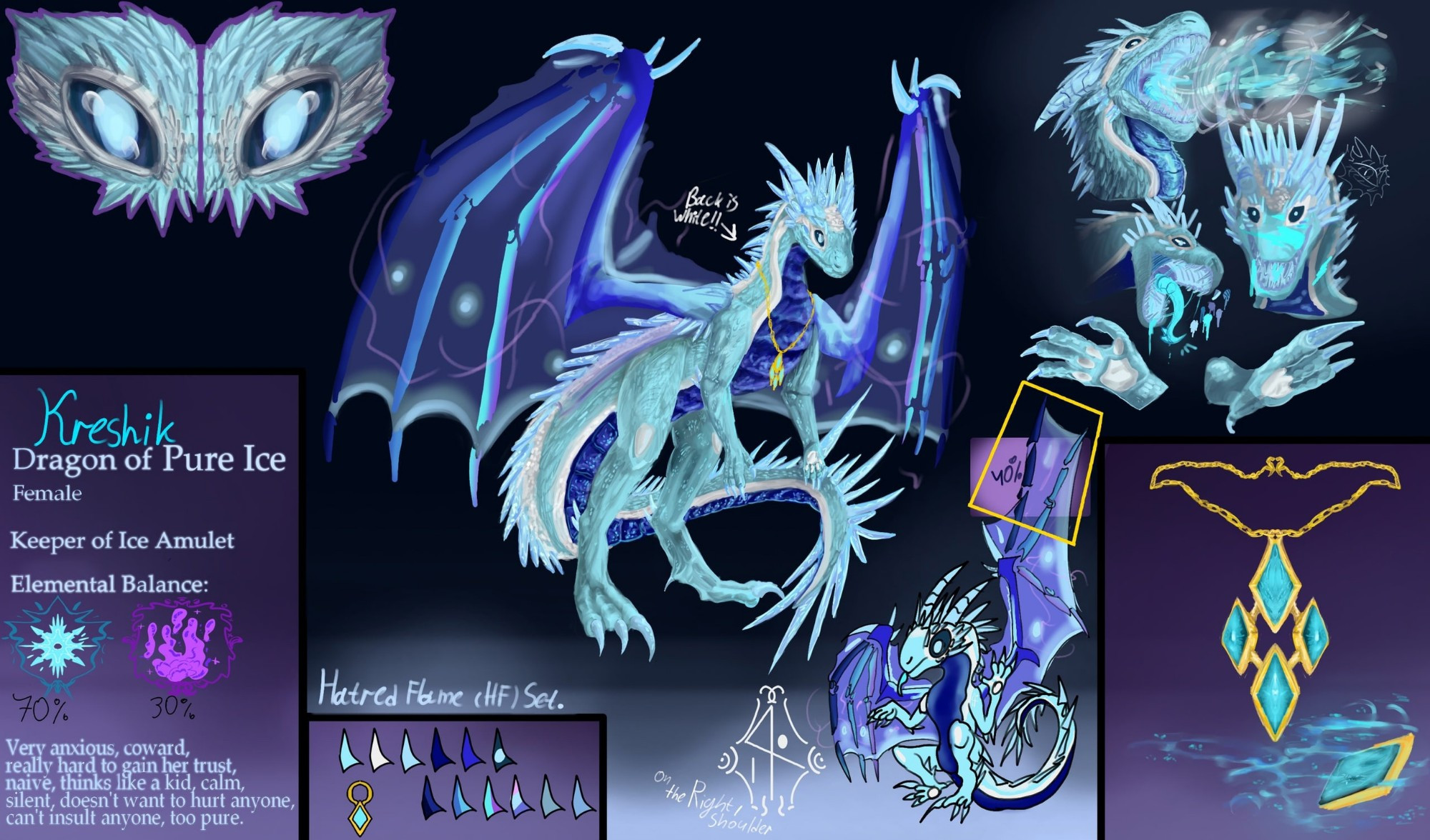 (slightly edited her character in text)
Kreshik.
Dragon of Pure Ice.
Female.
Keeper of the Ice amulet.
Elemental balance: 70% Ice: 30% Magic.
Very anxious, coward, distrustful, naive, silent. Pure kid.

Has a god seal on her shoulder