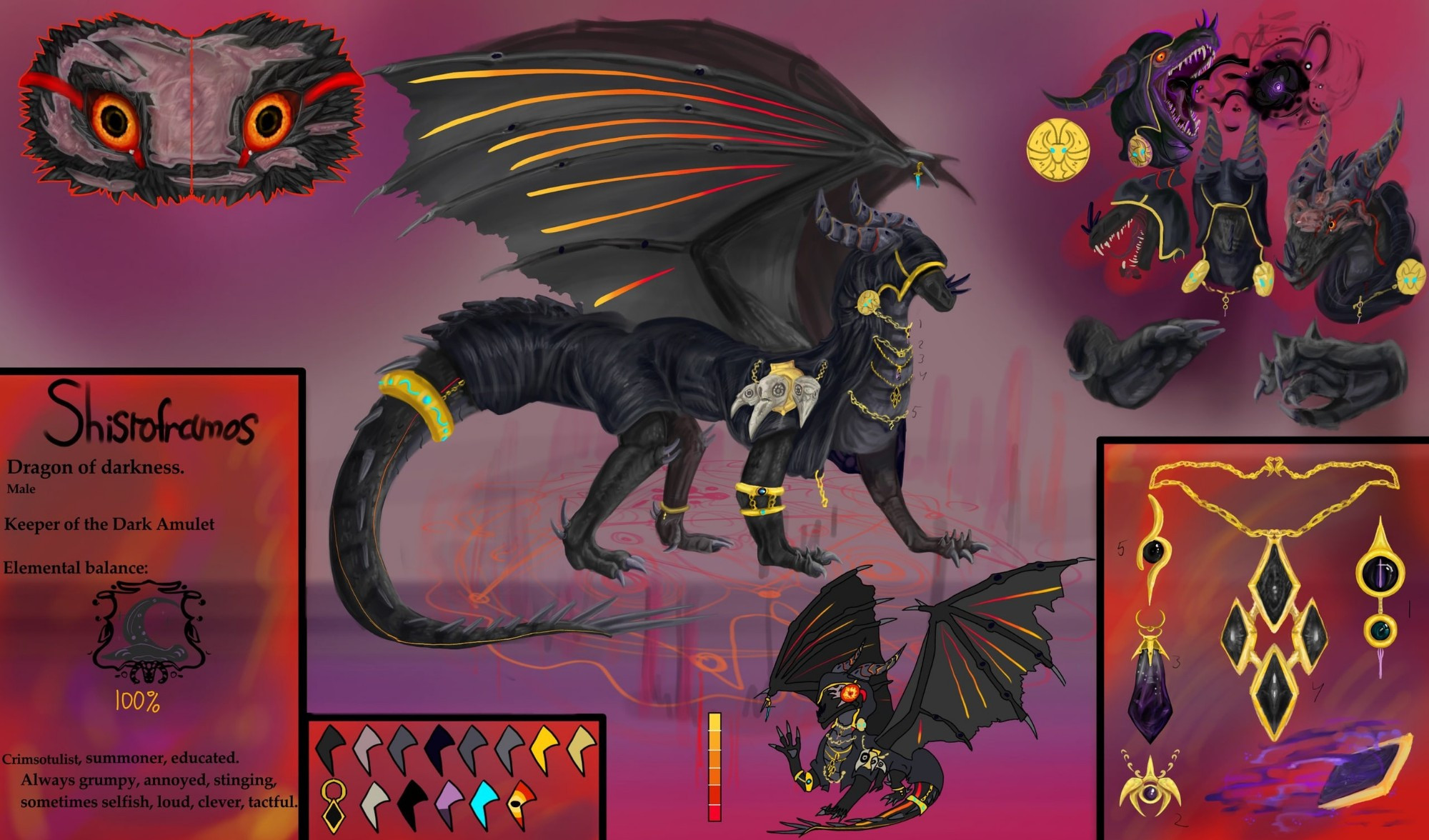 Shisroframos.
Dragon of Darkness.
Male
Keeper of the dark amulet.
Elemental balance: 100% Darkness.
Crimsotulist*, summoner, educated.
Always grumpy, annoyed, stinging, sometimes selfish, loud, clever, tactful.

*Crimsotulist - a dragon who is interested in crimsotulus dragons (Powerful beings, who were trapped in a different personal dimension by the Lofty Sky gods. Later, there will be created a bigger dimension to trap and torture demi god culprits, named - Oklahamuses) and sometimes uses forbidden magic and knowledge. 