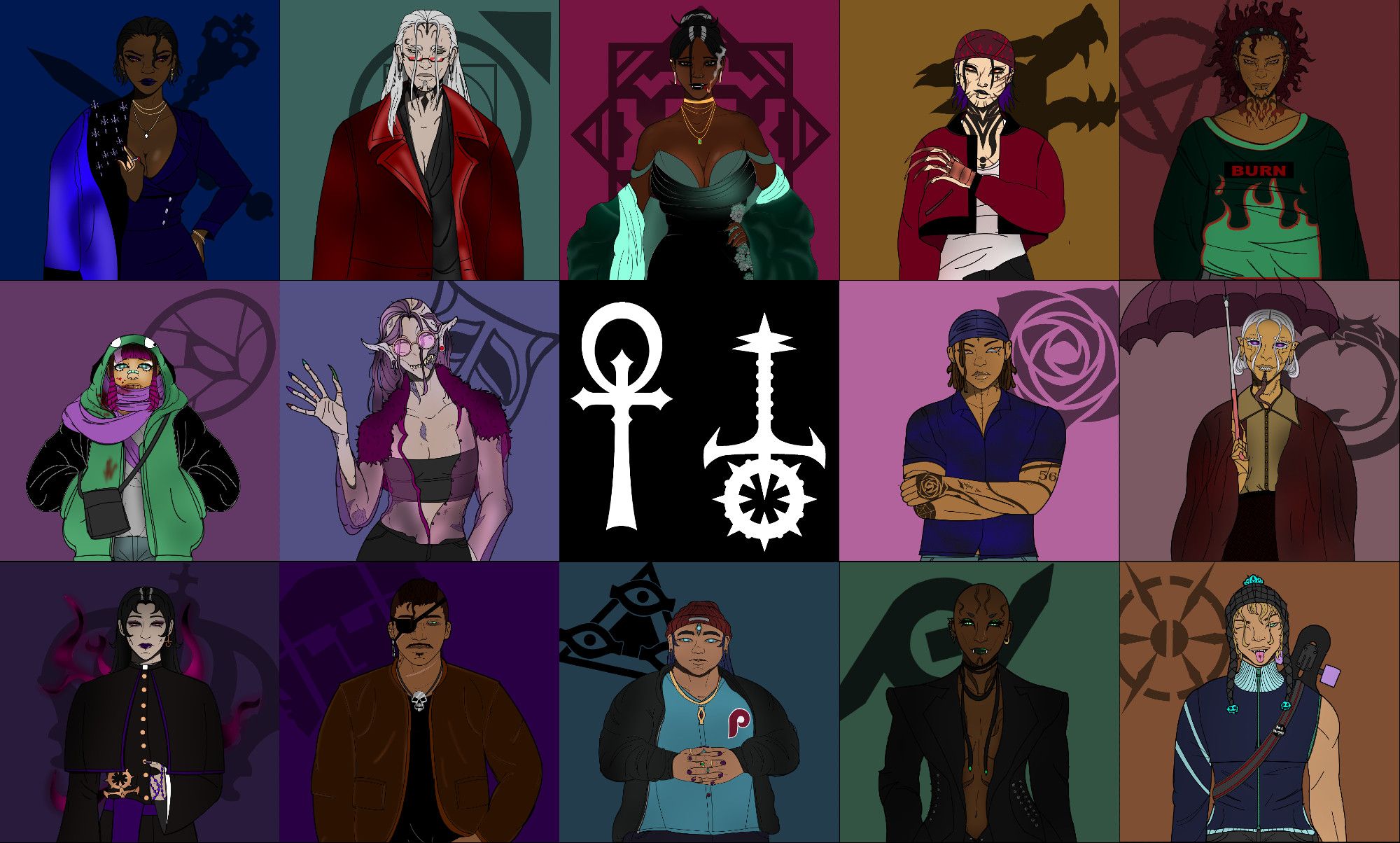 Image is 14 vampires from vampire the masquerade one for each vampire of the clans.