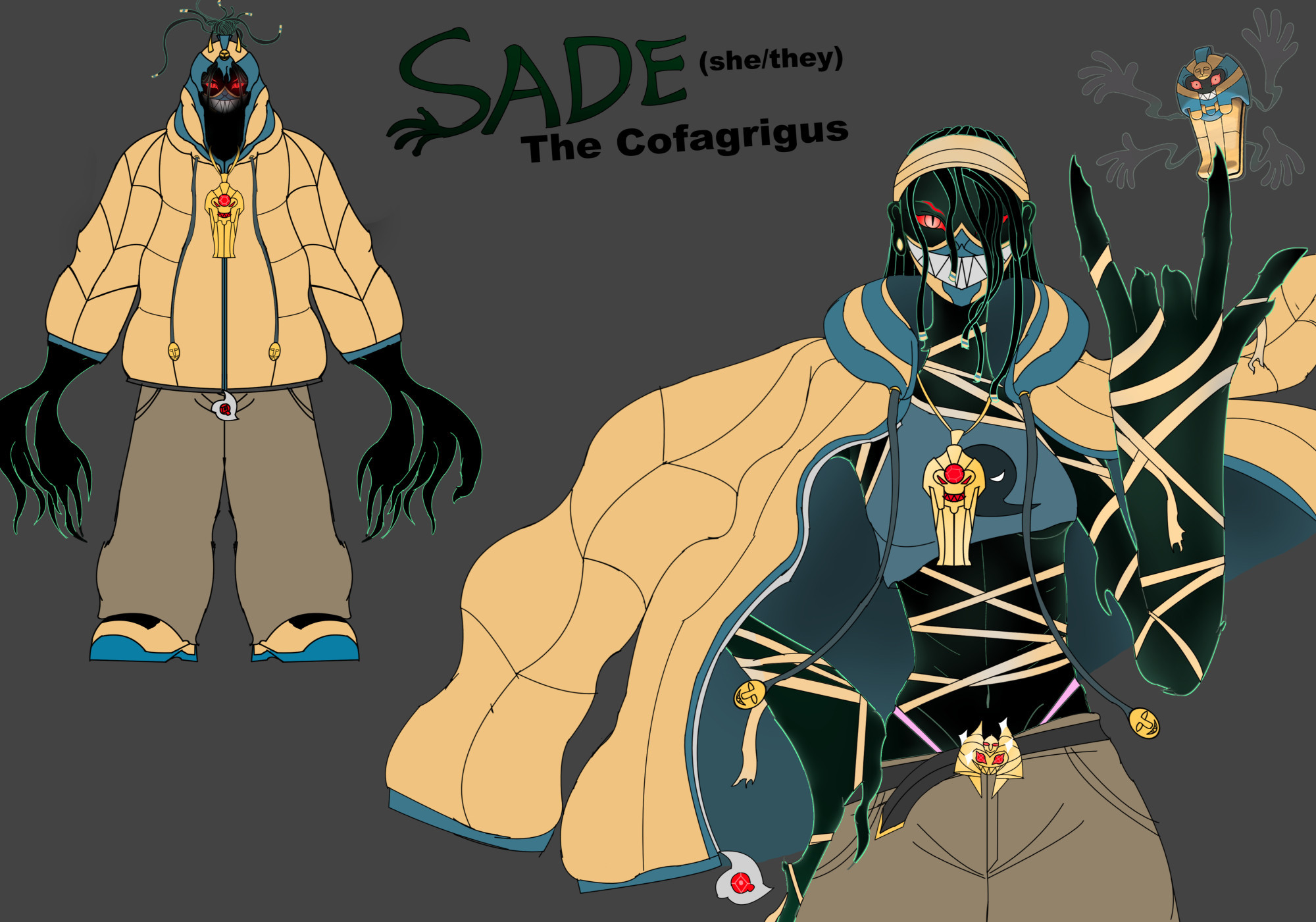 A picture of a humanization of the pokemon Cofagrigus named Sade (she/they pronouns) with a large tan jacket reminiscent of a sarcophagus