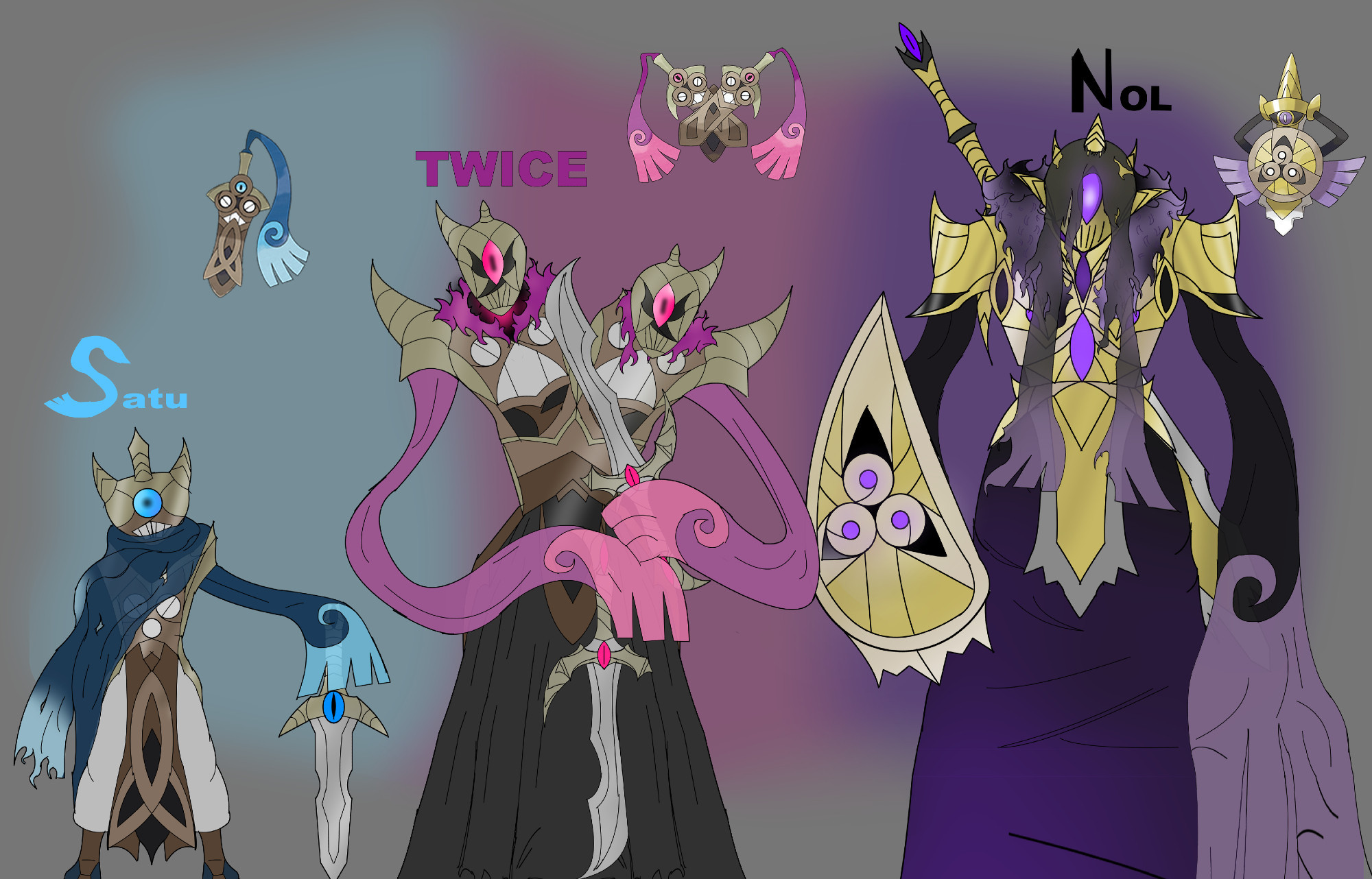 Pictured is 3 personifications of the pokemon Honedge, Doublade and Aegislash. they all have mono eyes and wear armor