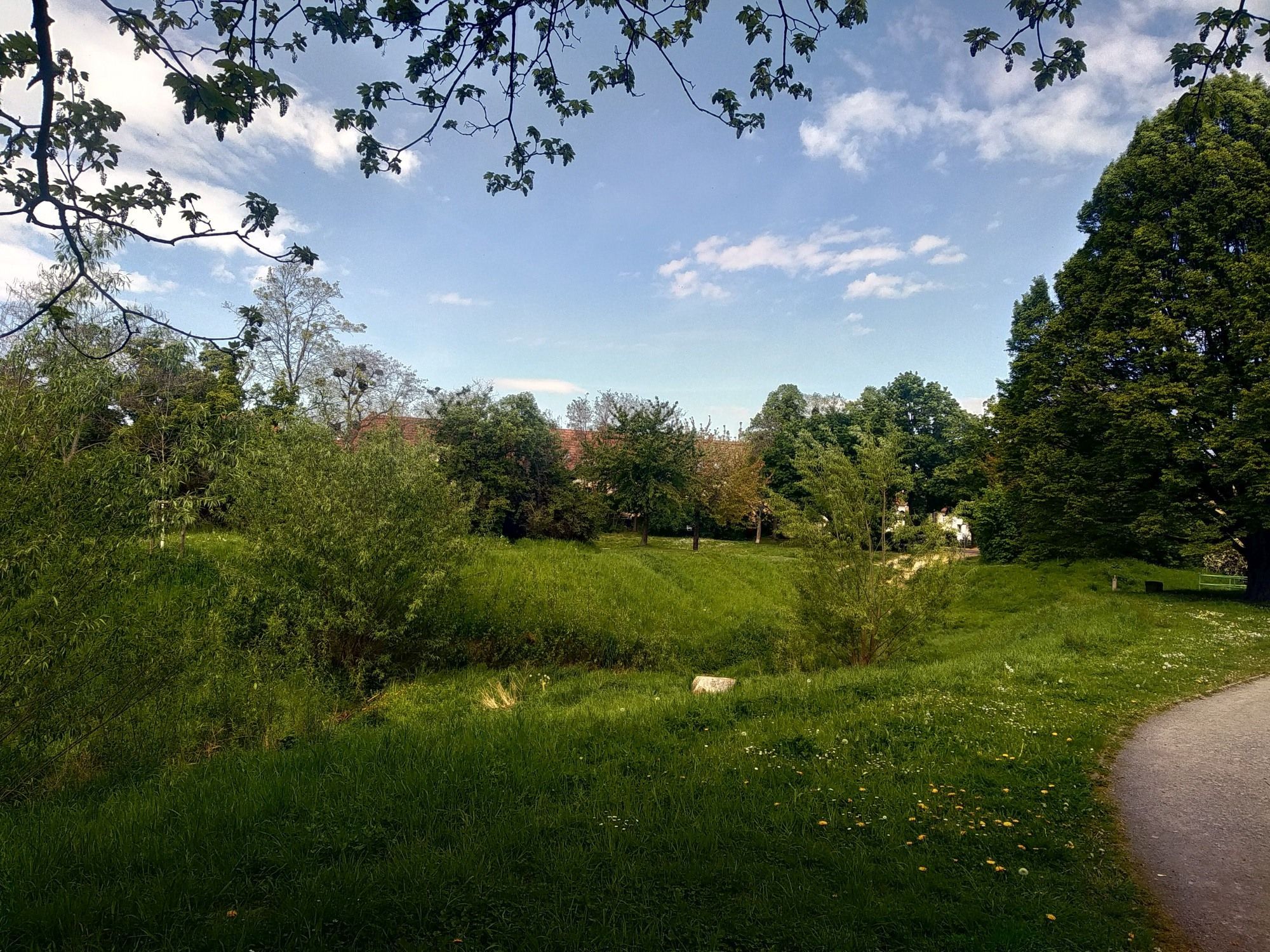 im Hugo-Bürkner-Park in Strehlen, in der Bildmitte der offene Kaitzbach, an dessen östlichem Ufer einer der Musensteine von Christa Donner