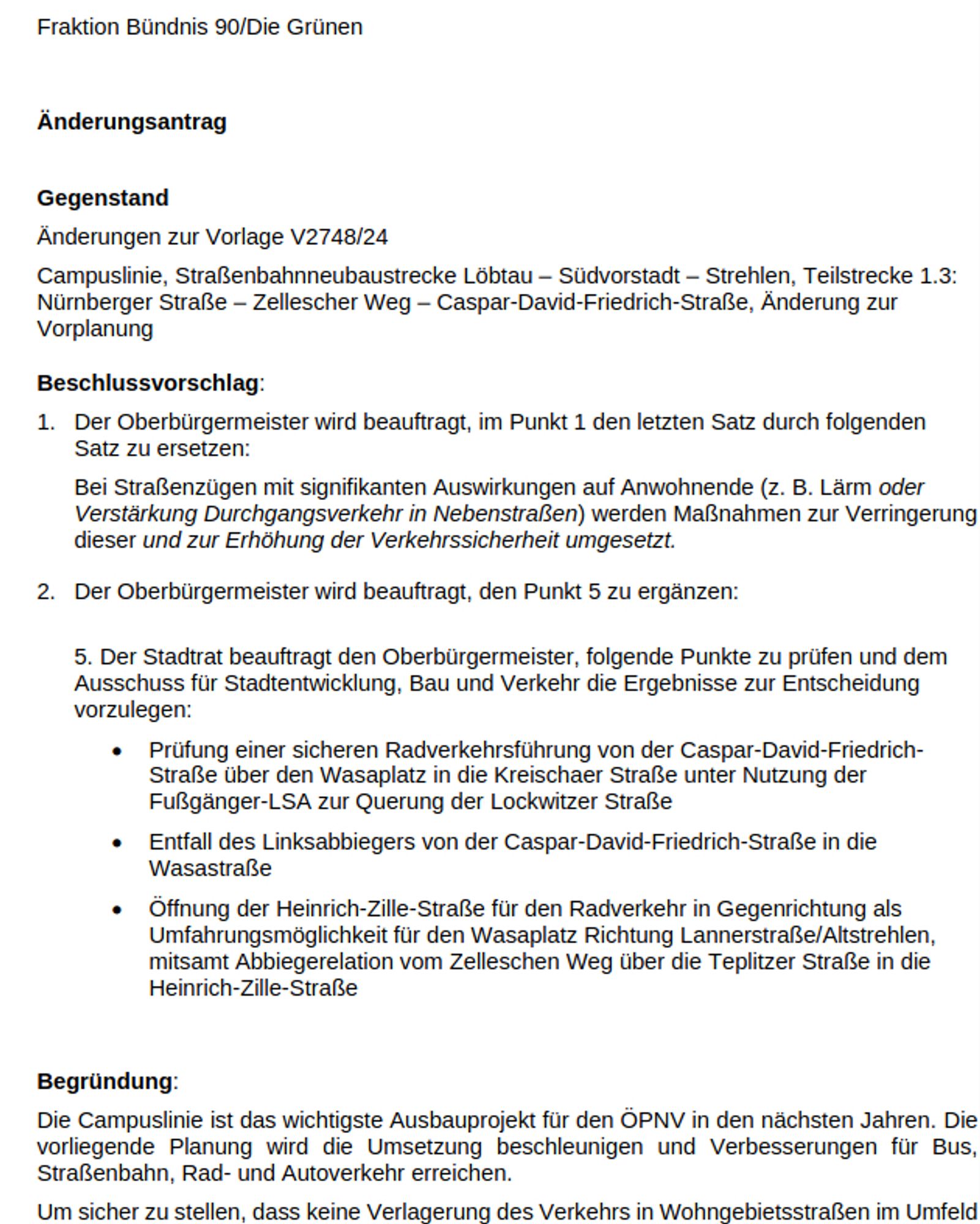 Ergänzungs- und Änderungsantrag der Grünen im SBBR Dresden-Plauen zur Vorlage Campuslinie Teilstrecke 1.3.