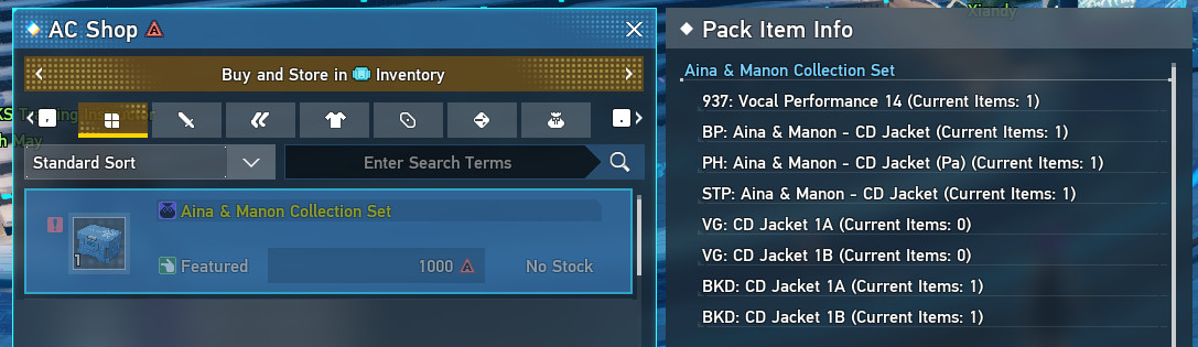 The AC Shop in PSO2 Global. Highlighted is the new 'Aina & Manon Collection Set' as well of their contents.