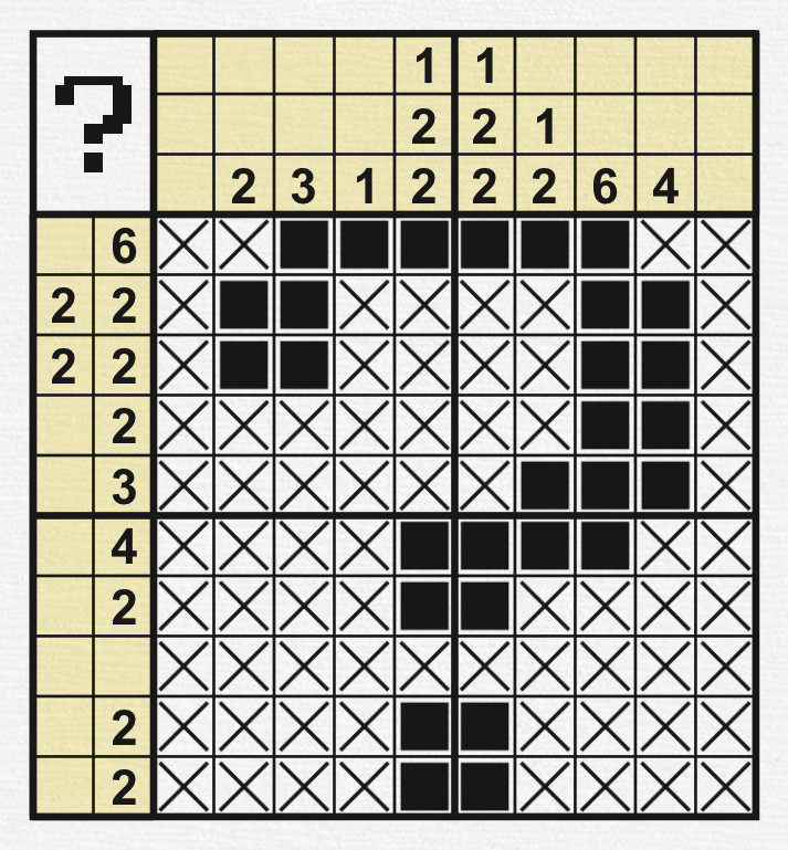 The image shows a completed nonogram puzzle, which solution appears to depict a question mark.