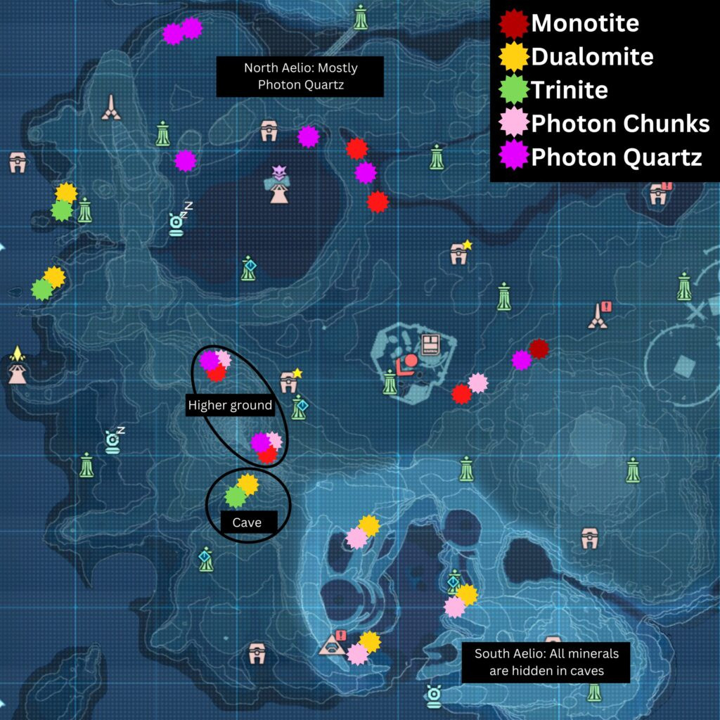 Map of the Aelio Region highlighting locations of mineral veins with additional information.