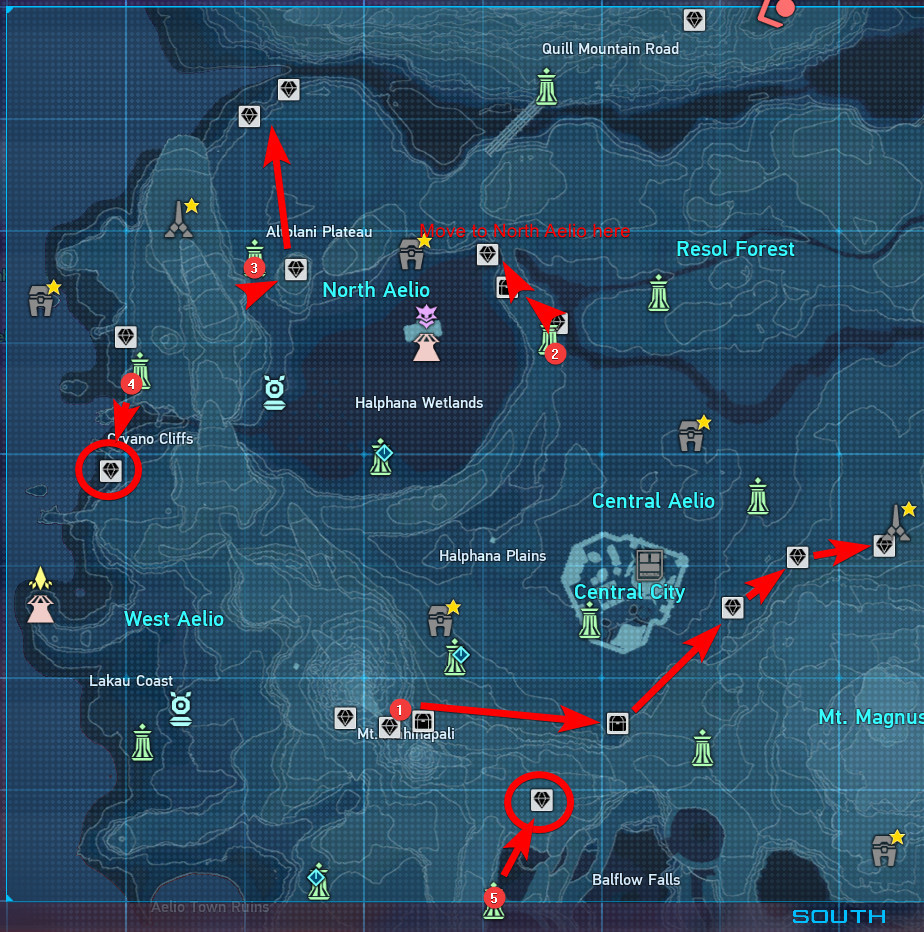 A map of the Aelio Region, showing locations for Myenin and Photon Quartz veins.