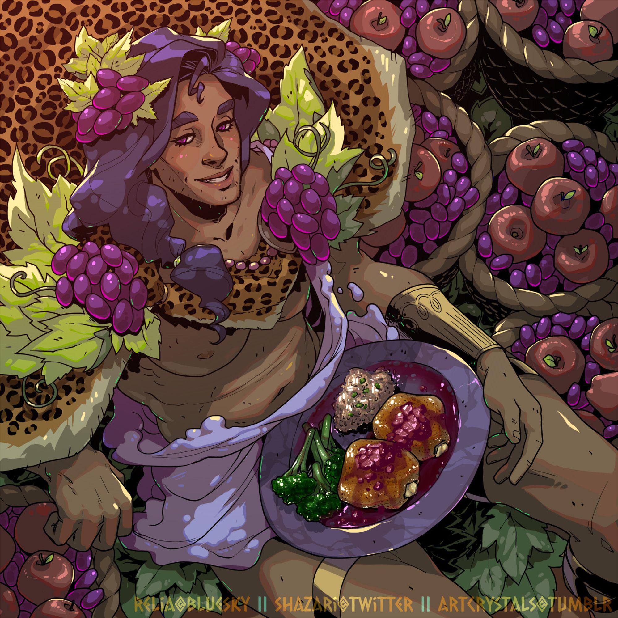 Fanart of Dionysus from Supergiant's Hades. He is reclining in a field surrounded by and atop bushels of grapes and apples. In his lap is a plate of two chicken thighs covered in a pomegranate sauce, as well as sides of broccolini and rice.