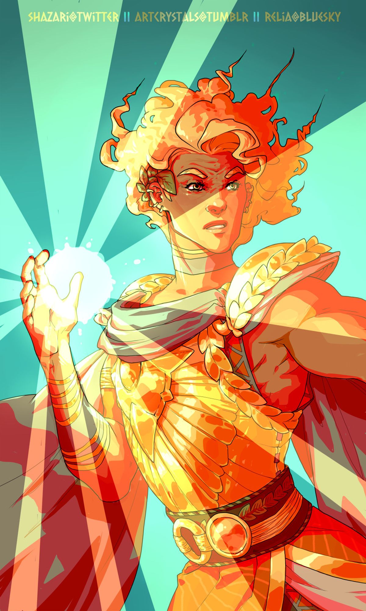 Apollo from Supergiant Games' Hades II, cast in bright red-orange shadows, with a vivid golden overtone, set on a deep teal green background. His right hand is upheld, cradling a frost-white orb of light. It casts off seafoam-tinted rays of light broken into hard, graphic shapes. Apollo is looking off-screen, his expression vaguely pissed off.