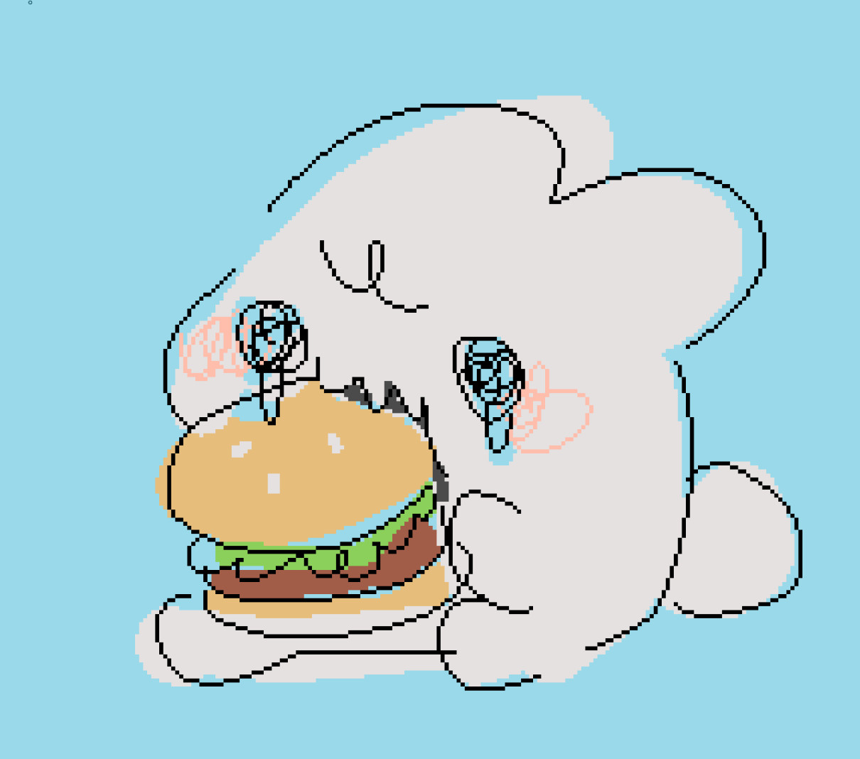 ms paint scribbly drawing of chunky rabbit crying frustrated while eating a burger