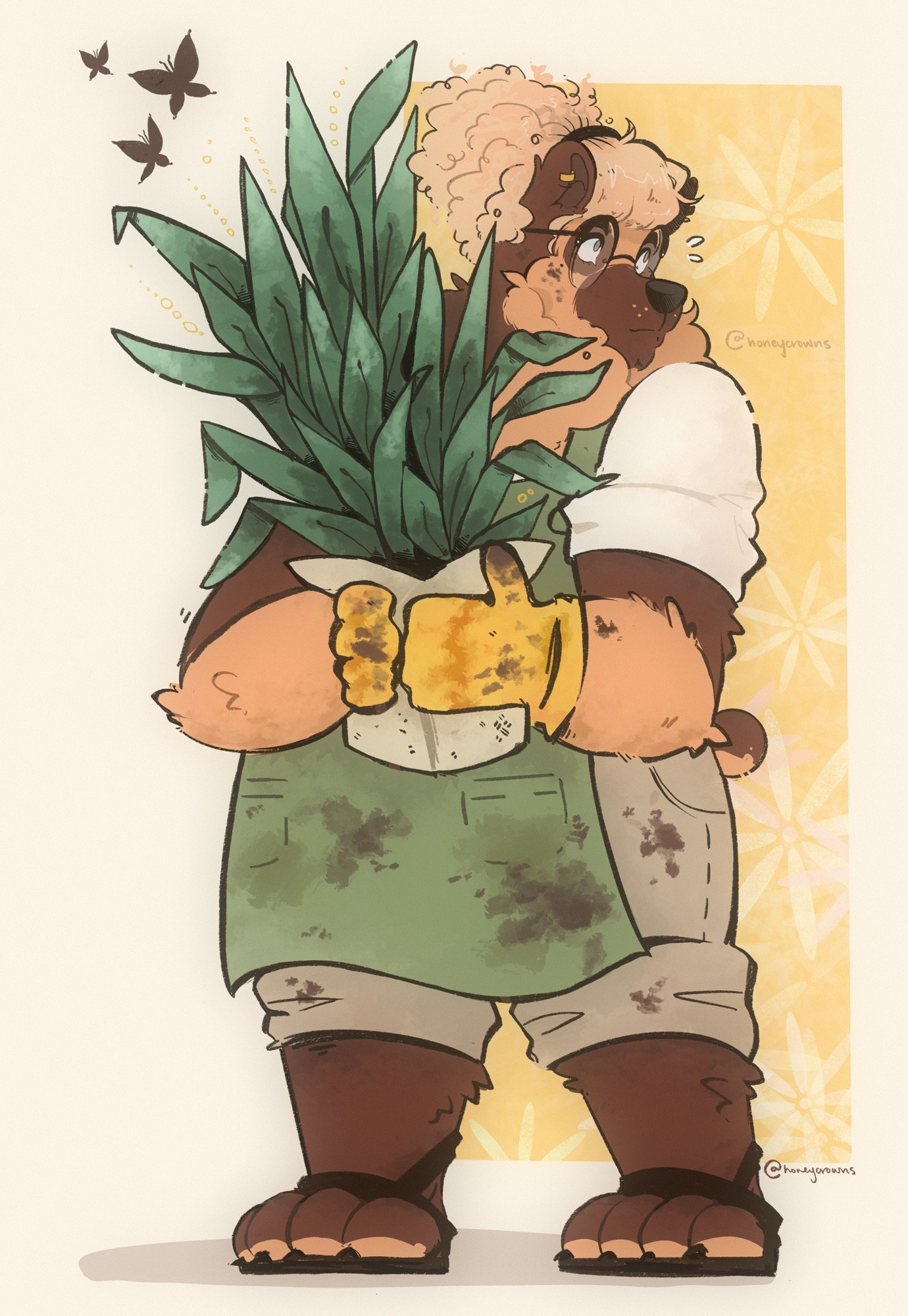 an anthropomorphic spectacled bear holding a plant.