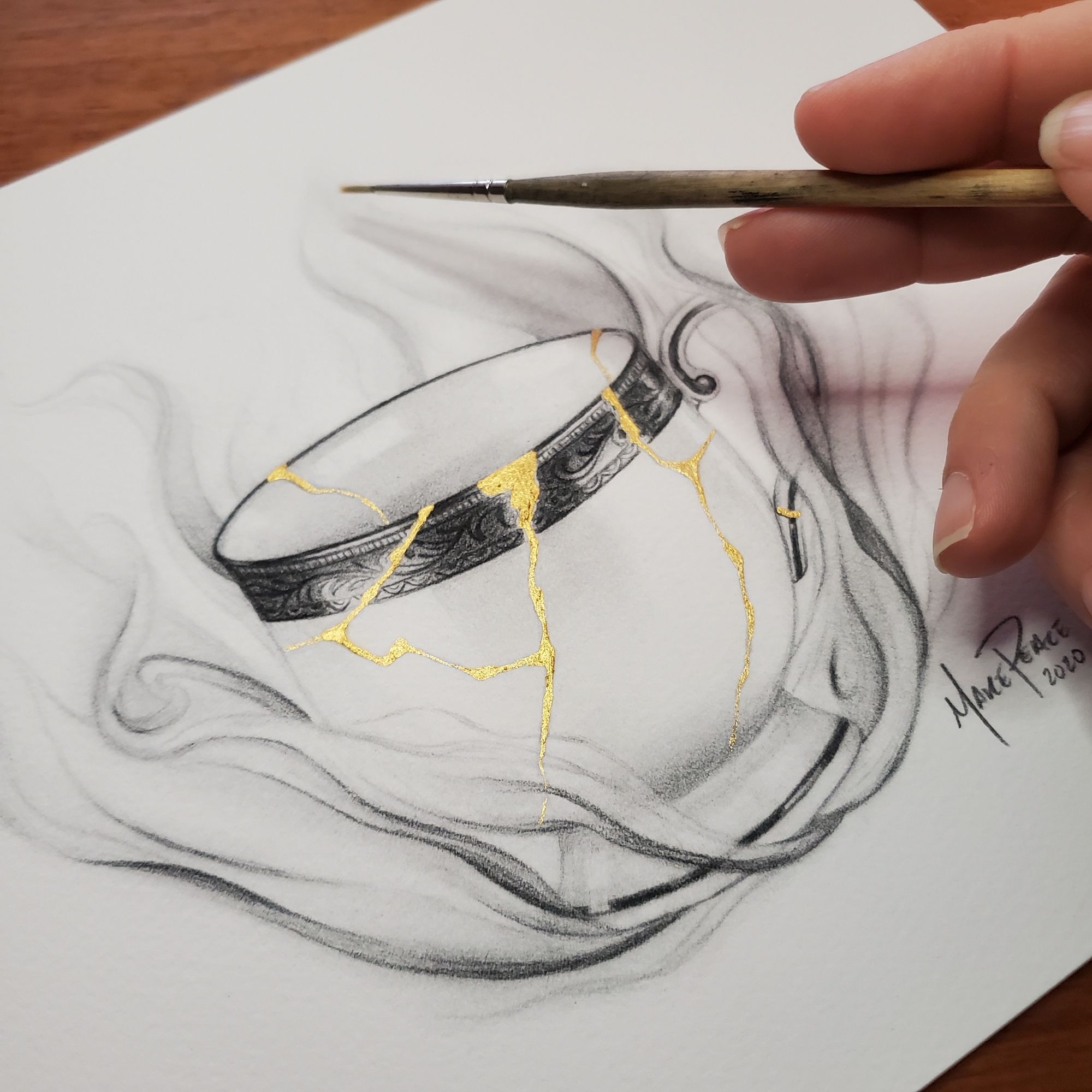 Embellished print of Kintsugi, my drawing of the teacup from Hannibal come back together