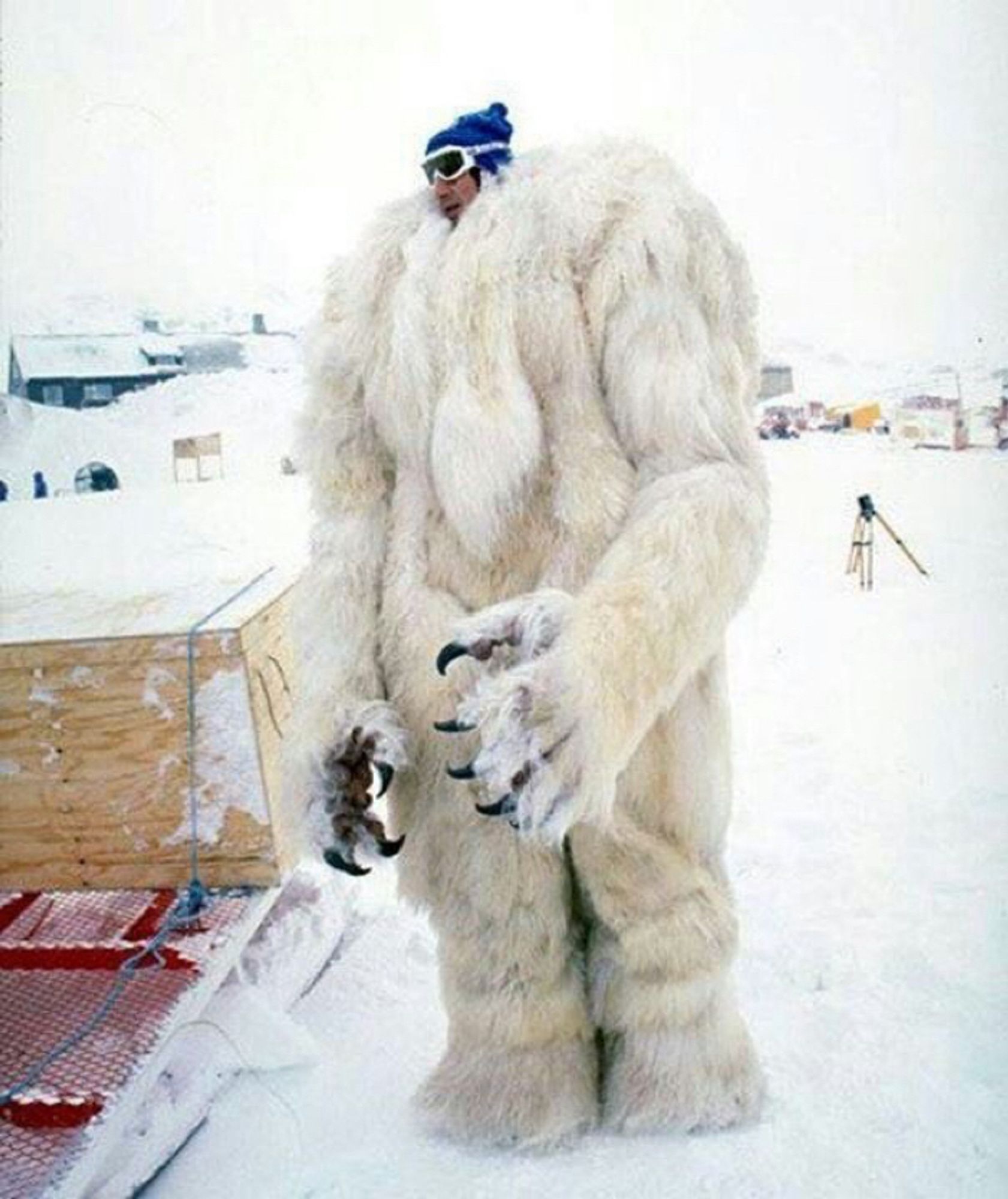 A man who looks very much like Adam Driver, wearing ski goggles and a toque, only his head is visible at the top of a wampa costume, from behind the scenes of Empire Strikes Back