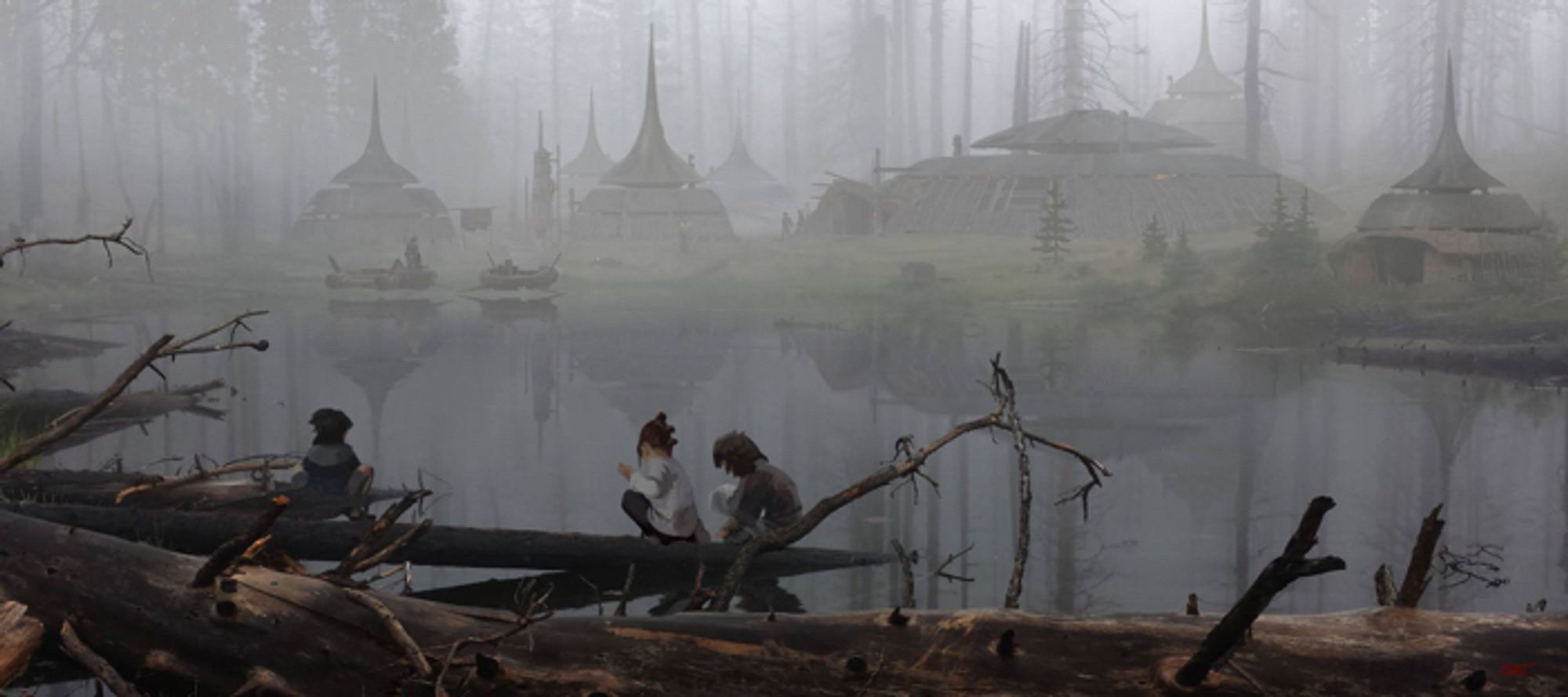 Concept art from The Mandalorian Chapter 4 by Seth Engstrom, featuring a little girl with Rey buns and a little boy with shaggy black hair, by a body of water with a forest village behind them