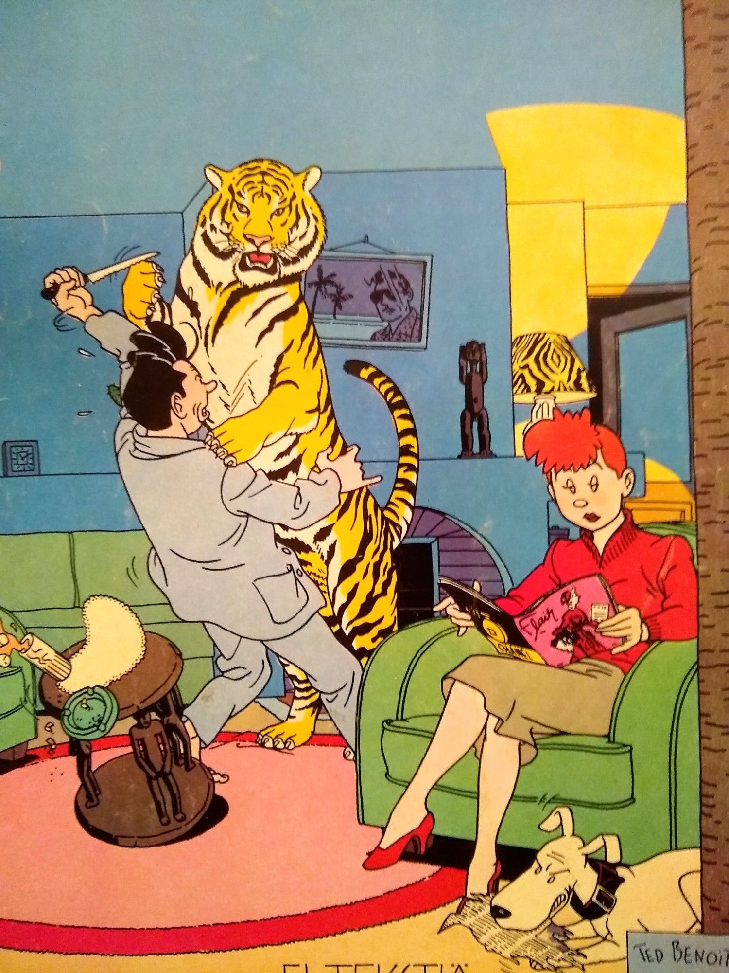 Ted Benoit illustration of a tiger attacking a man in a posh living room.